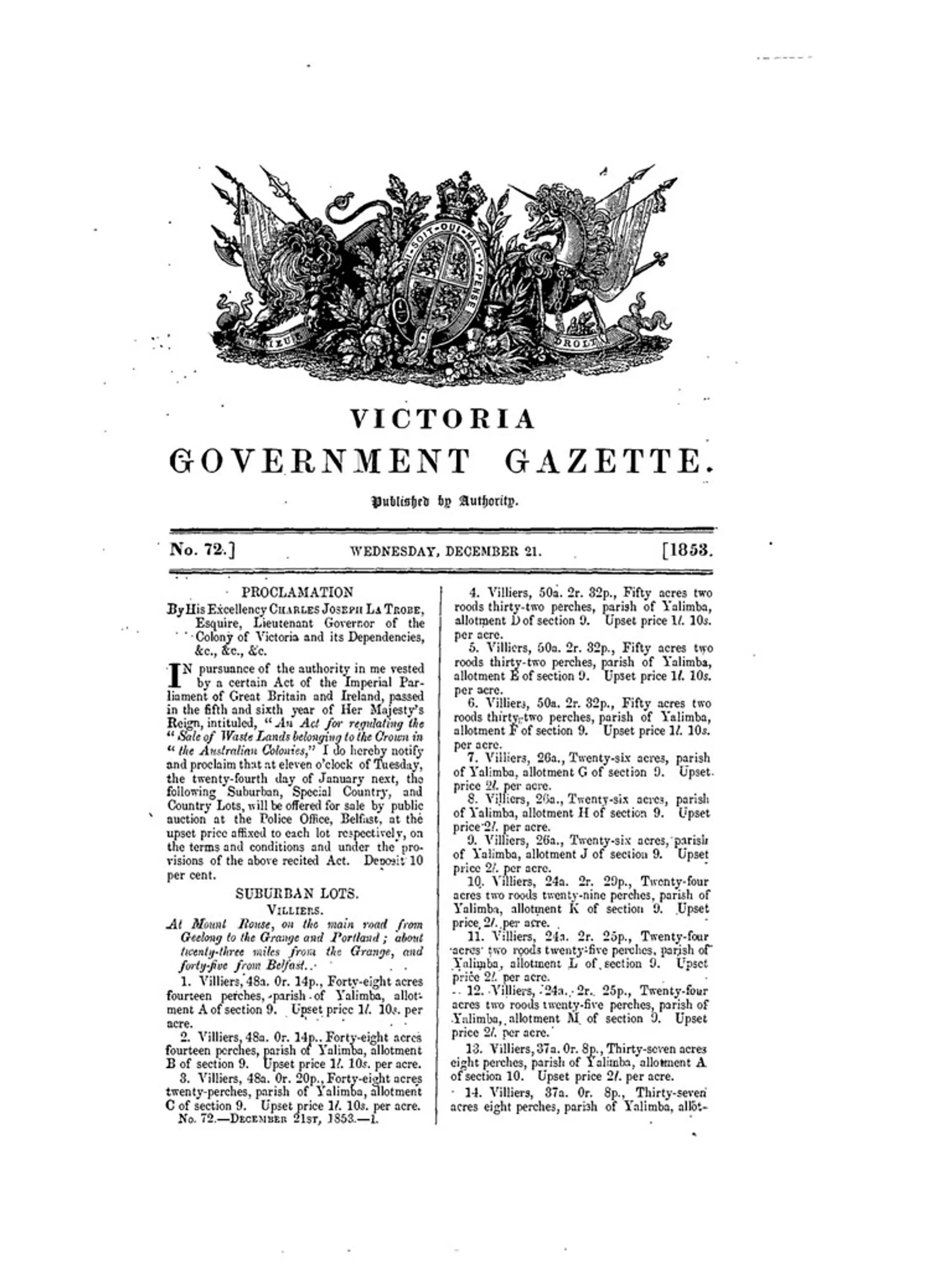 VICTORIA GOVERNMENT GAZETTE. No. 72. WEDNESDAY, DECEMBER 21. 1853