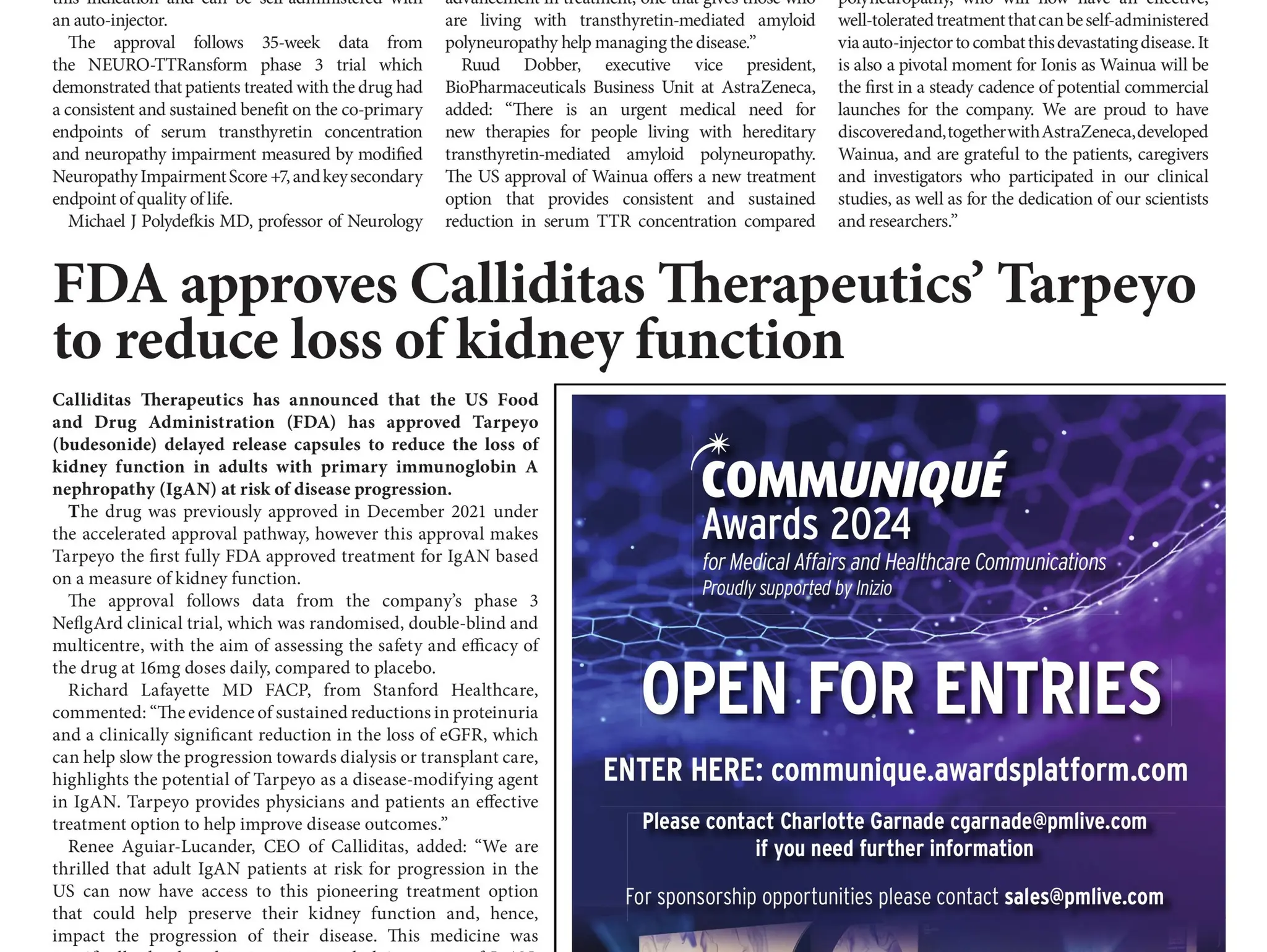 FDA approves Calliditas Therapeutics’ Tarpeyo to reduce loss of kidney function