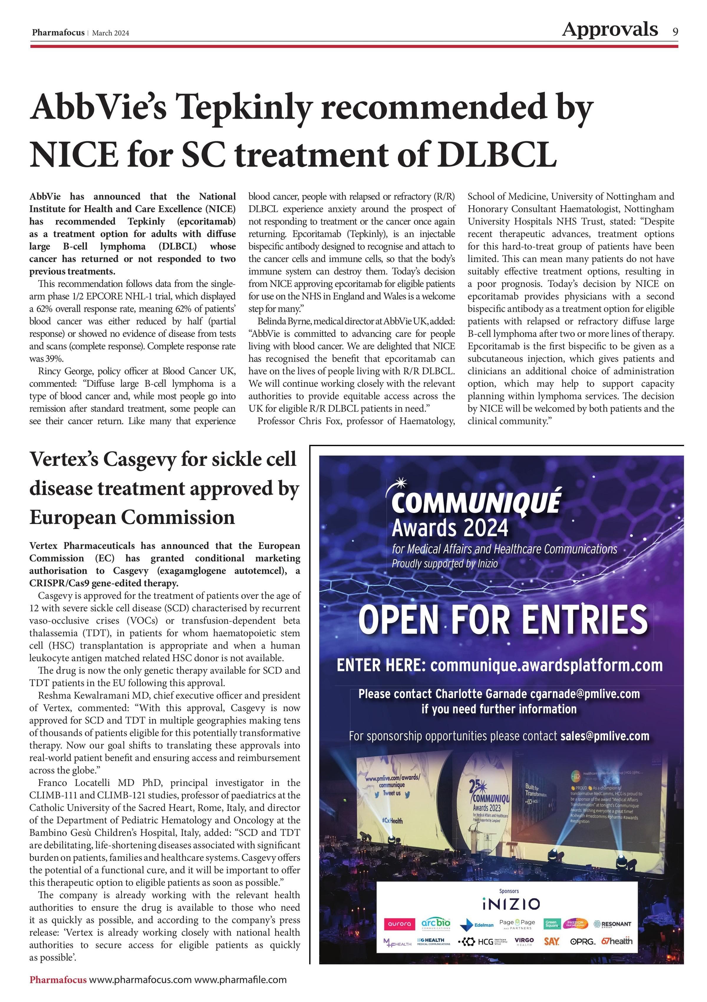 AbbVie’s Tepkinly recommended by NICE for SC treatment of DLBCL