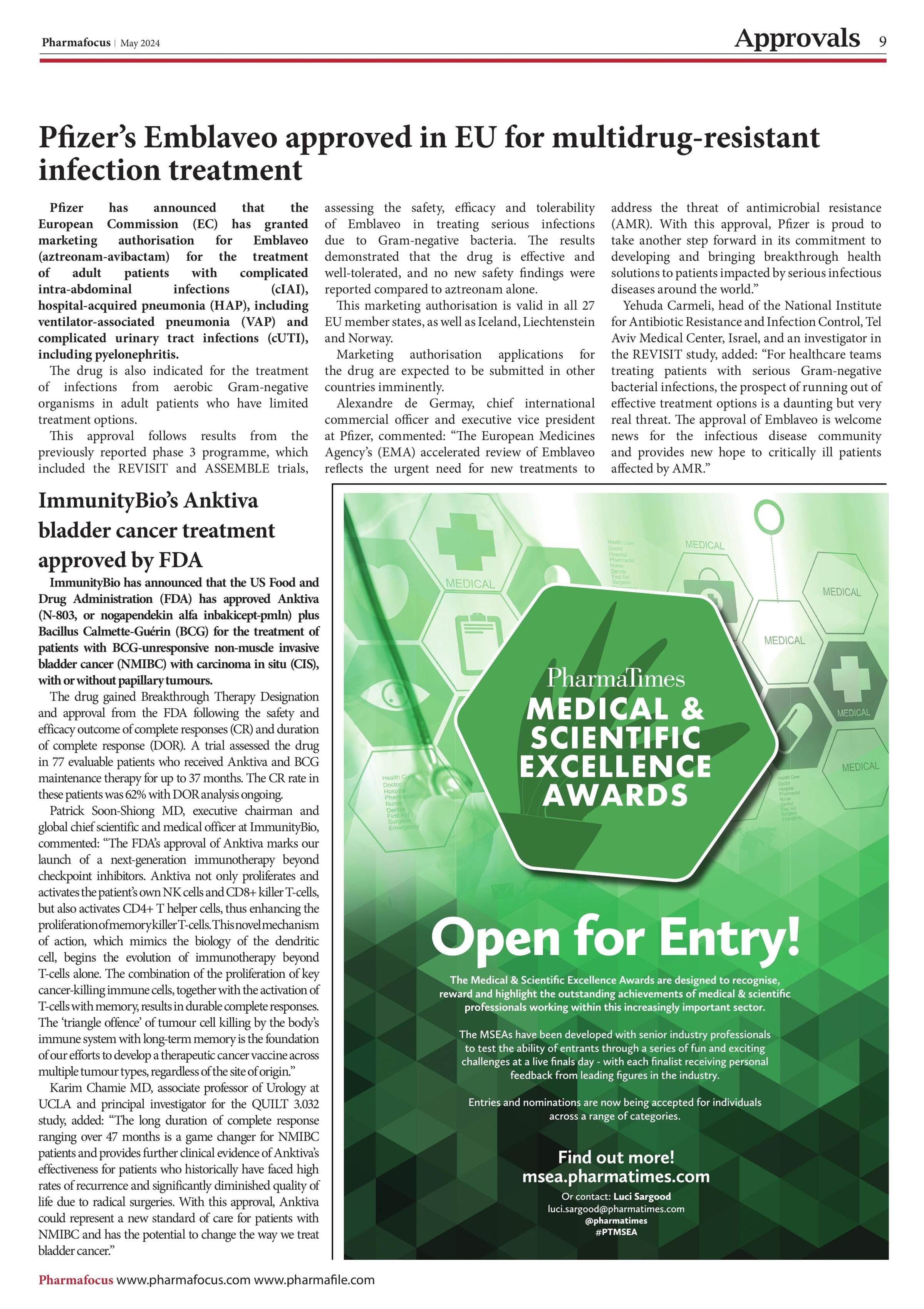 Pfizer’s Emblaveo approved in EU for multidrug-resistant infection treatment