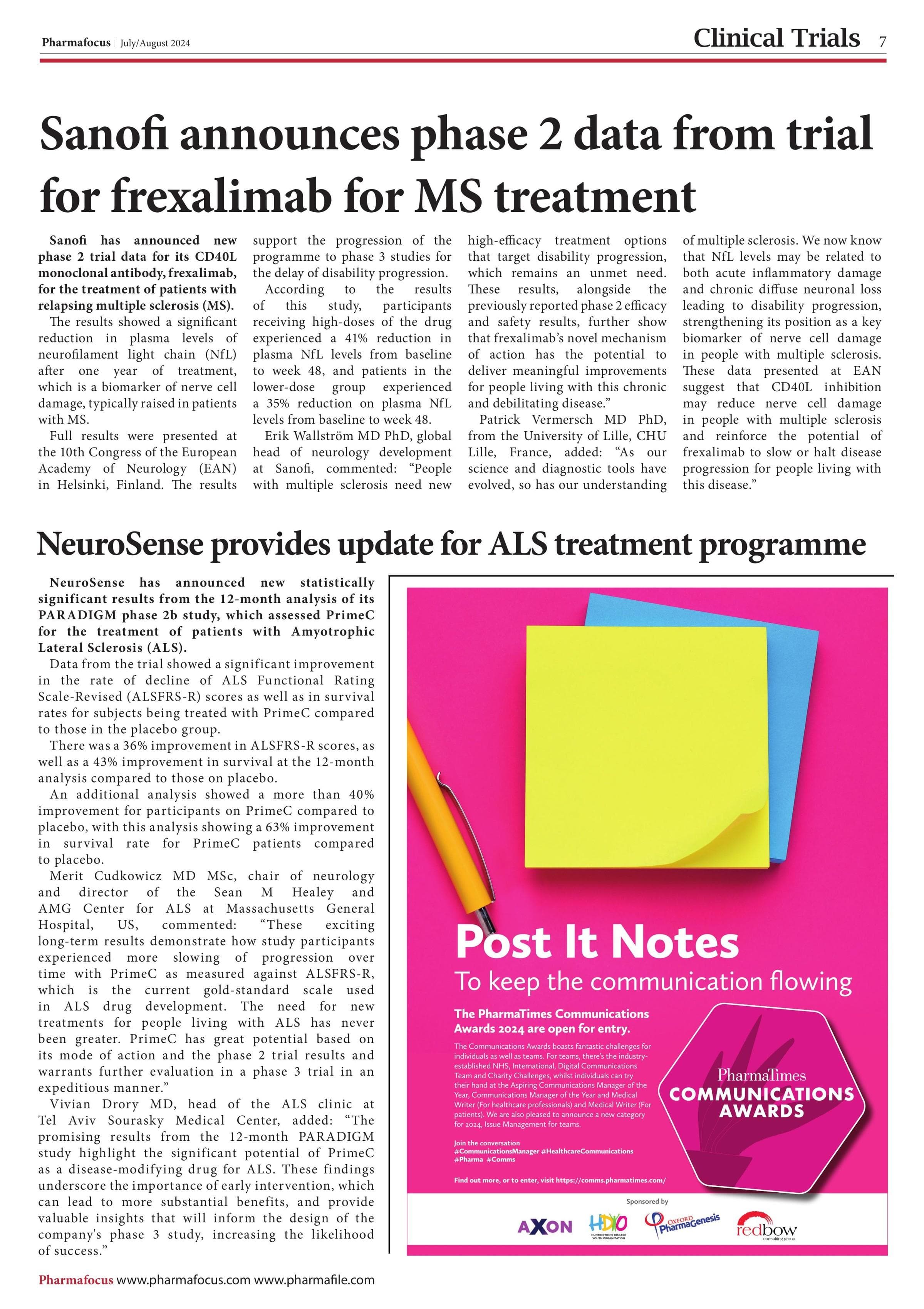 Sanofi announces phase 2 data from trial for frexalimab for MS treatment