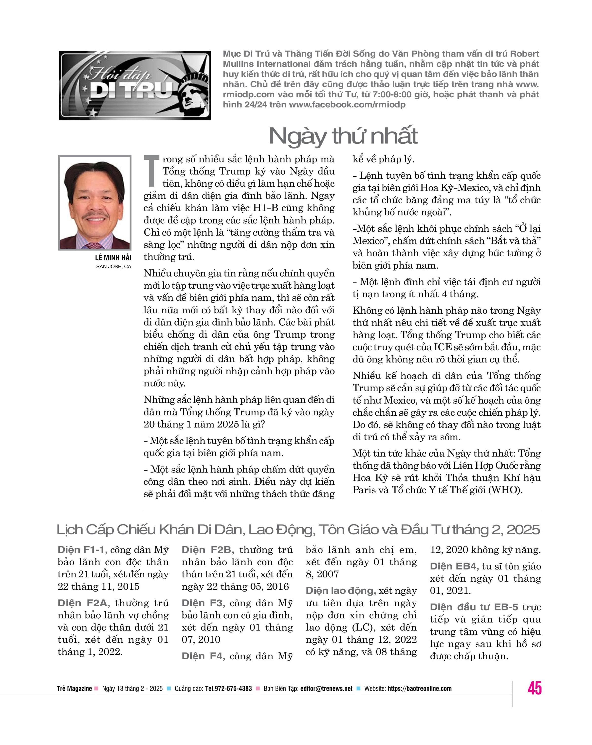 Lịch Cấp Chiếu Khán Di Dân, Lao Động, Tôn Giáo và Đầu Tư tháng 2, 2025