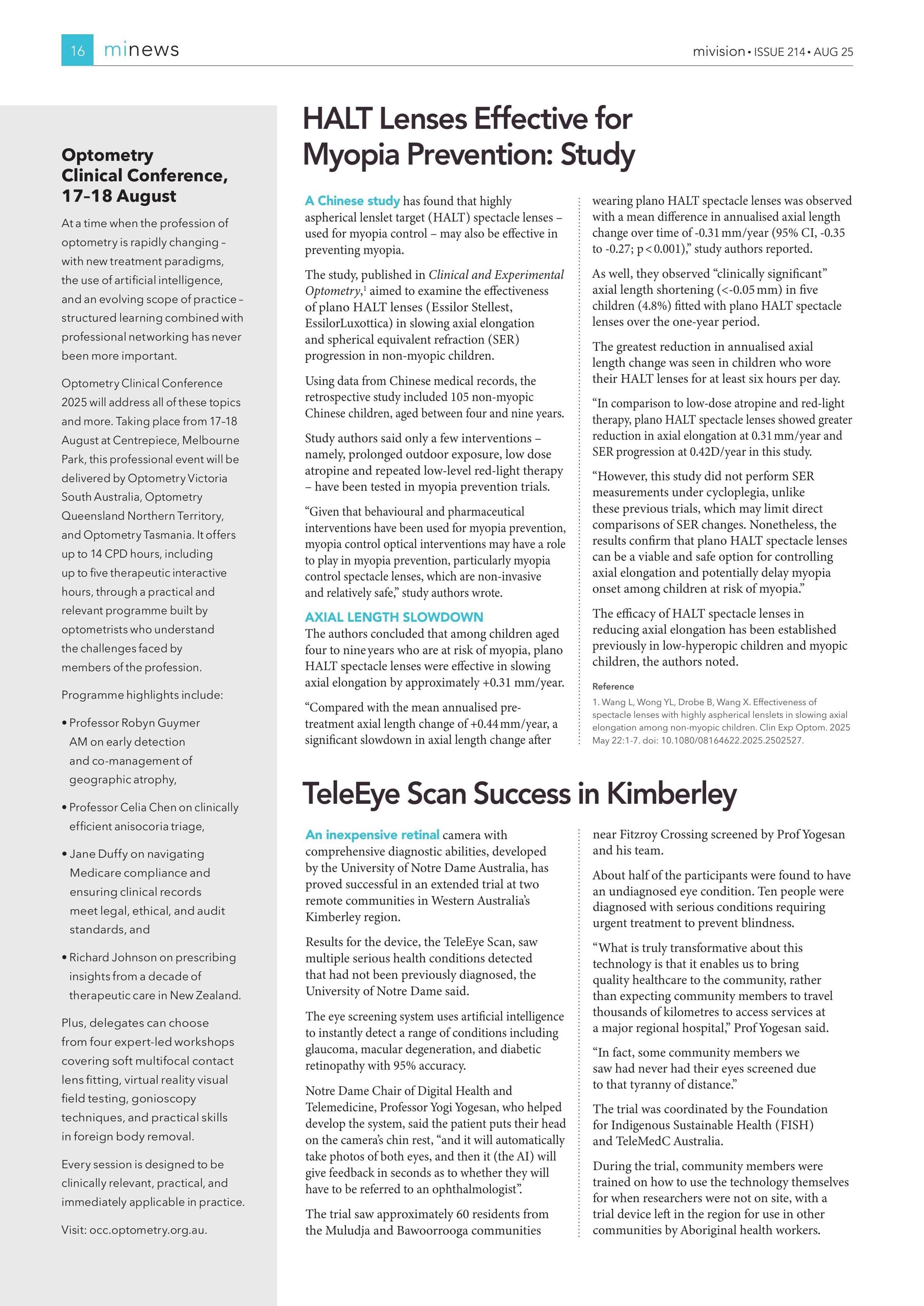 Optometry Clinical Conference, 17–18 August
