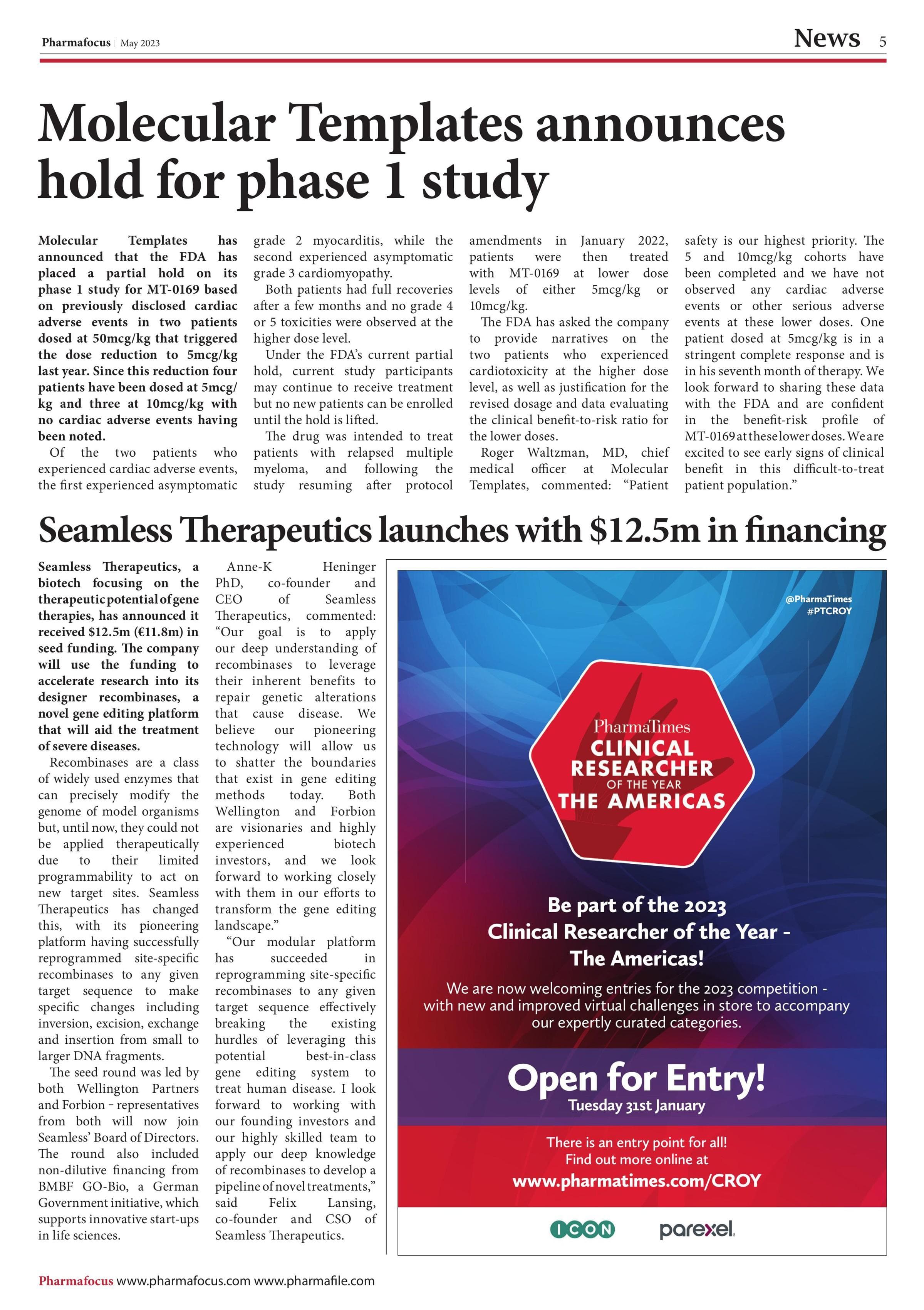 Molecular Templates announces hold for phase 1 study