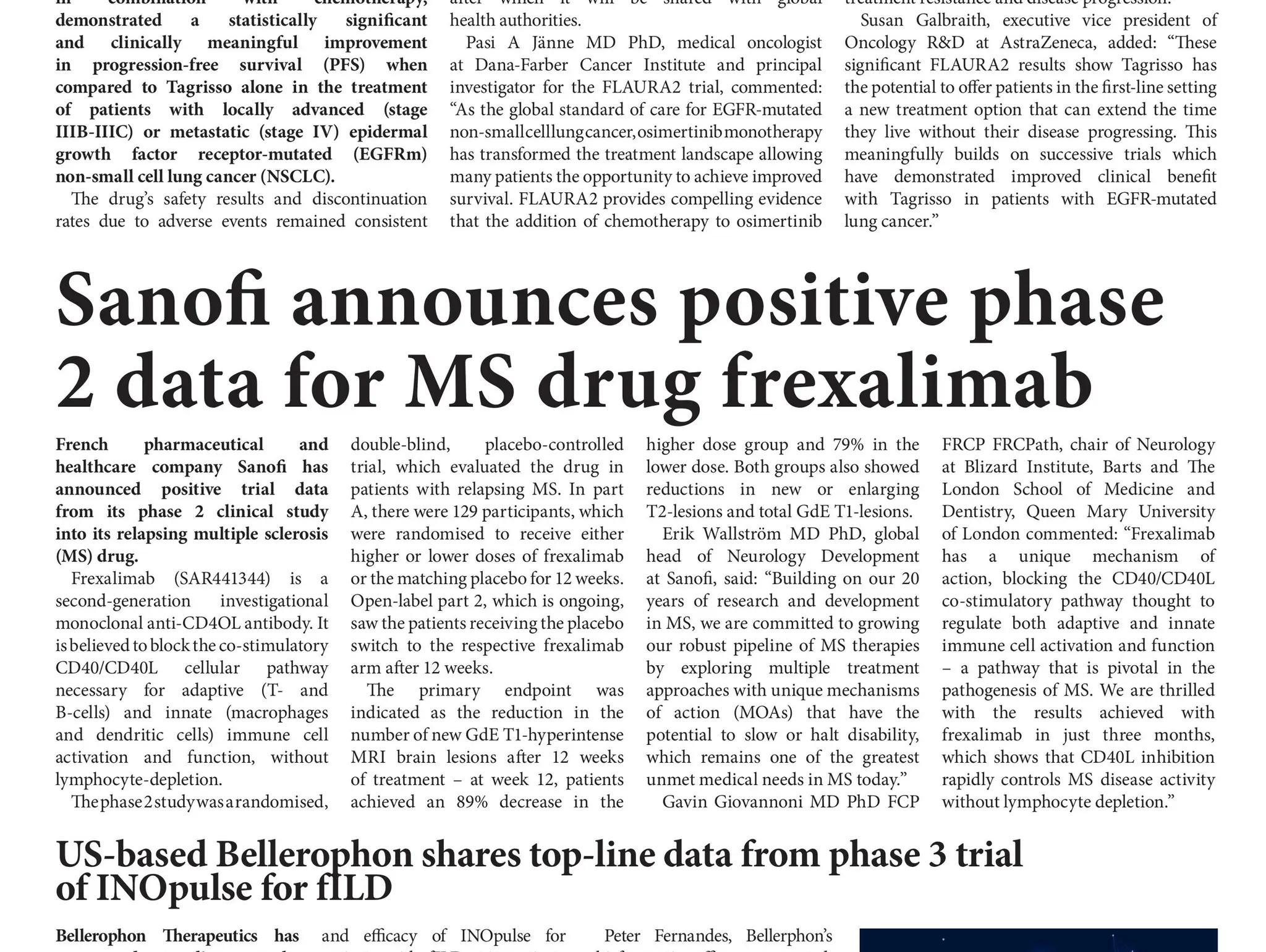 Sanofi announces positive phase 2 data for MS drug frexalimab