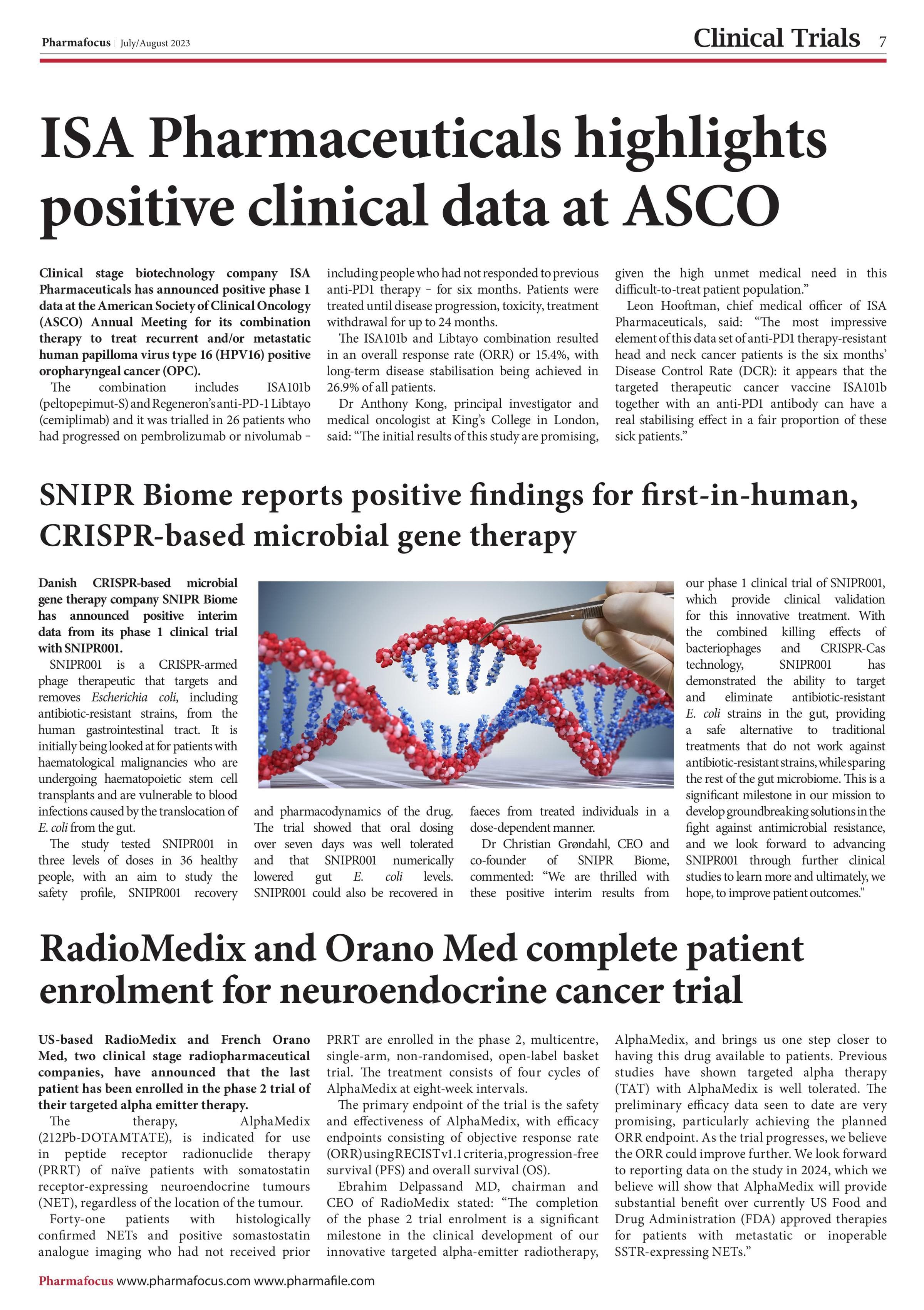 ISA Pharmaceuticals highlights positive clinical data at ASCO
