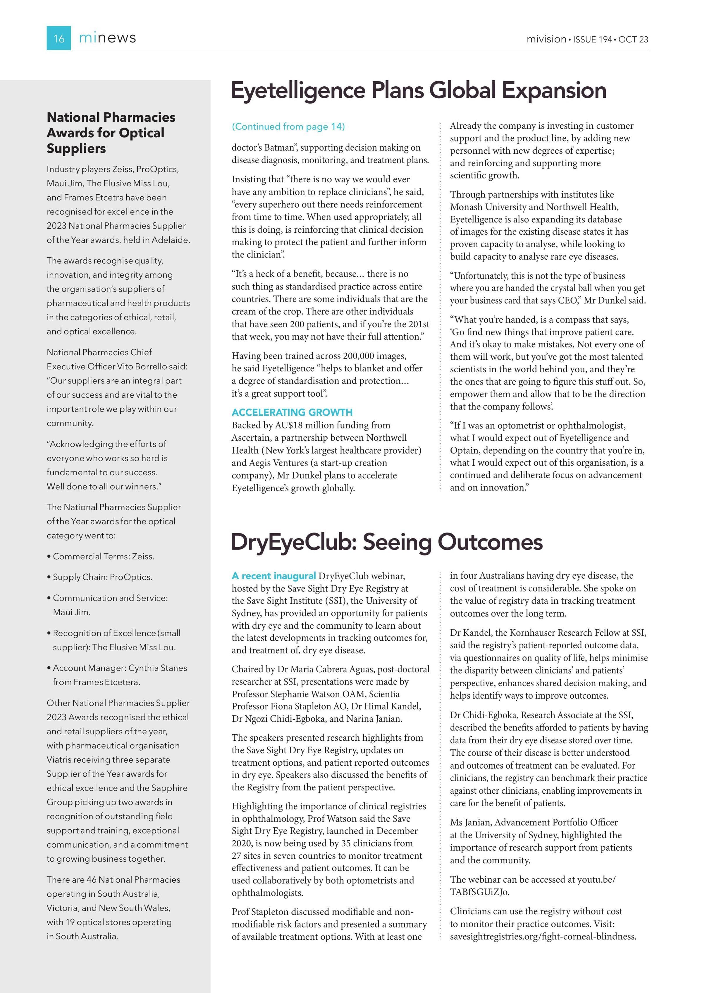 National Pharmacies Awards for Optical Suppliers