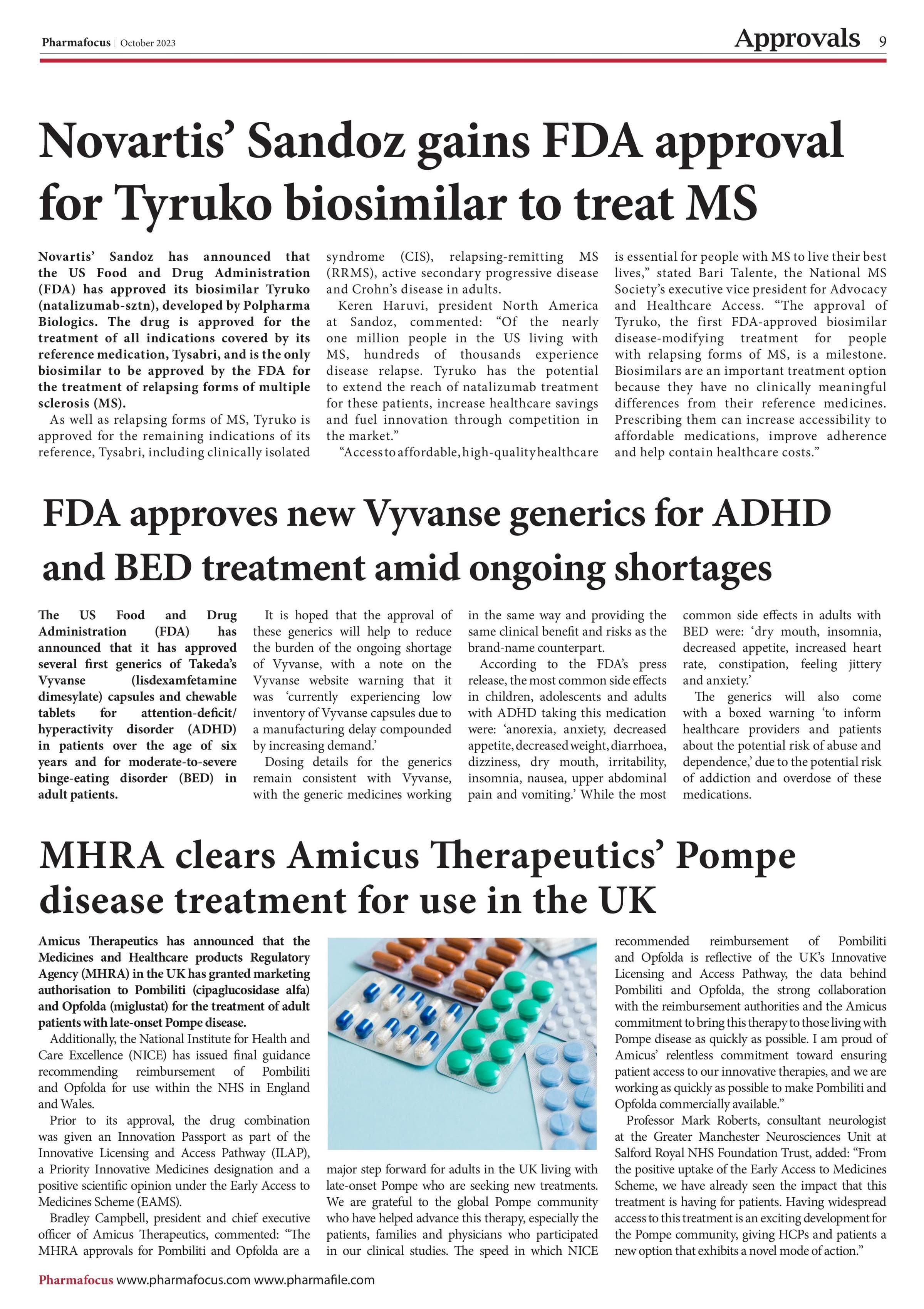 Novartis’ Sandoz gains FDA approval for Tyruko biosimilar to treat MS