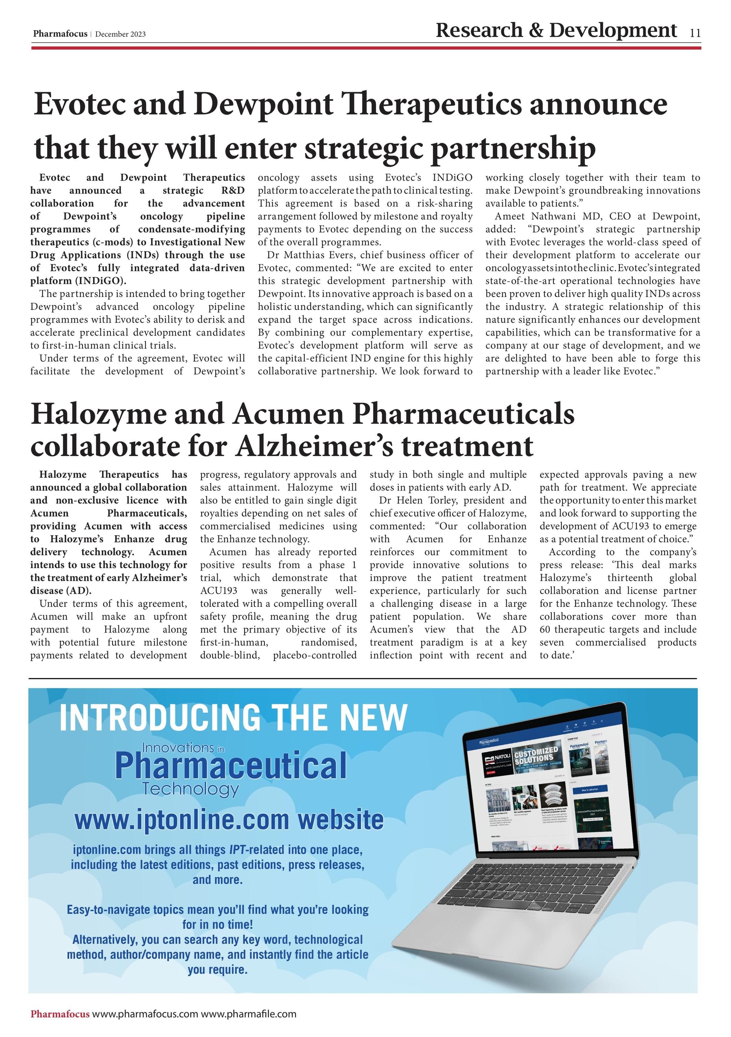 Evotec and Dewpoint Therapeutics announce that they will enter strategic partnership