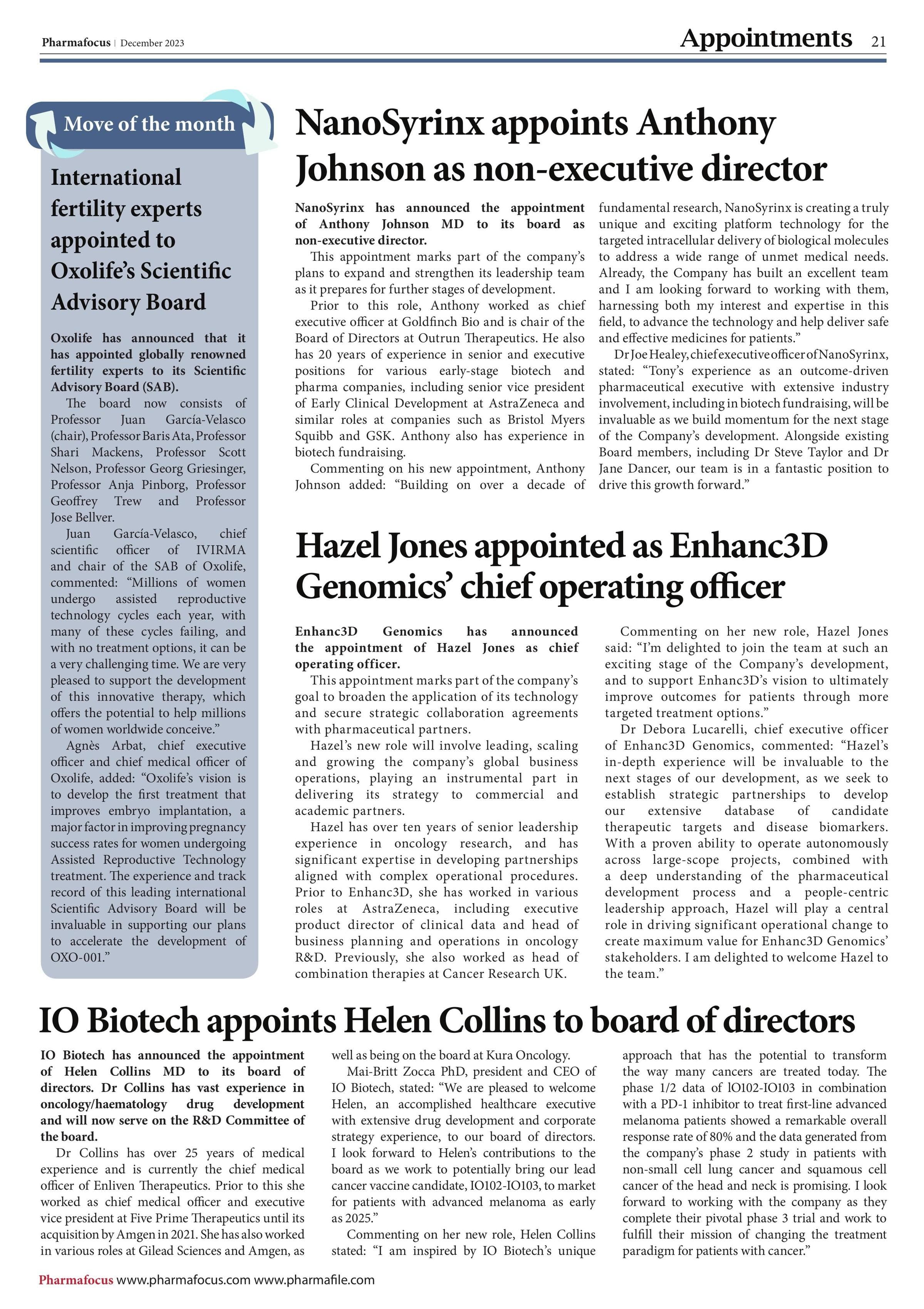 International fertility experts appointed to Oxolife’s Scientific Advisory Board