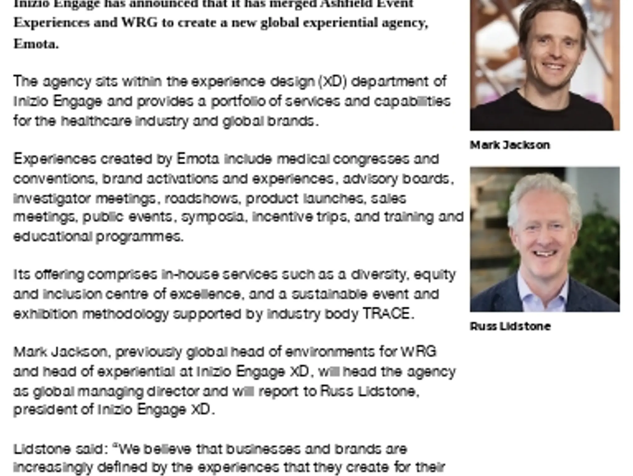 HEALTHCARE COMMS - Inizio Engage merges Ashfield Event Experiences and WRG to create Emota