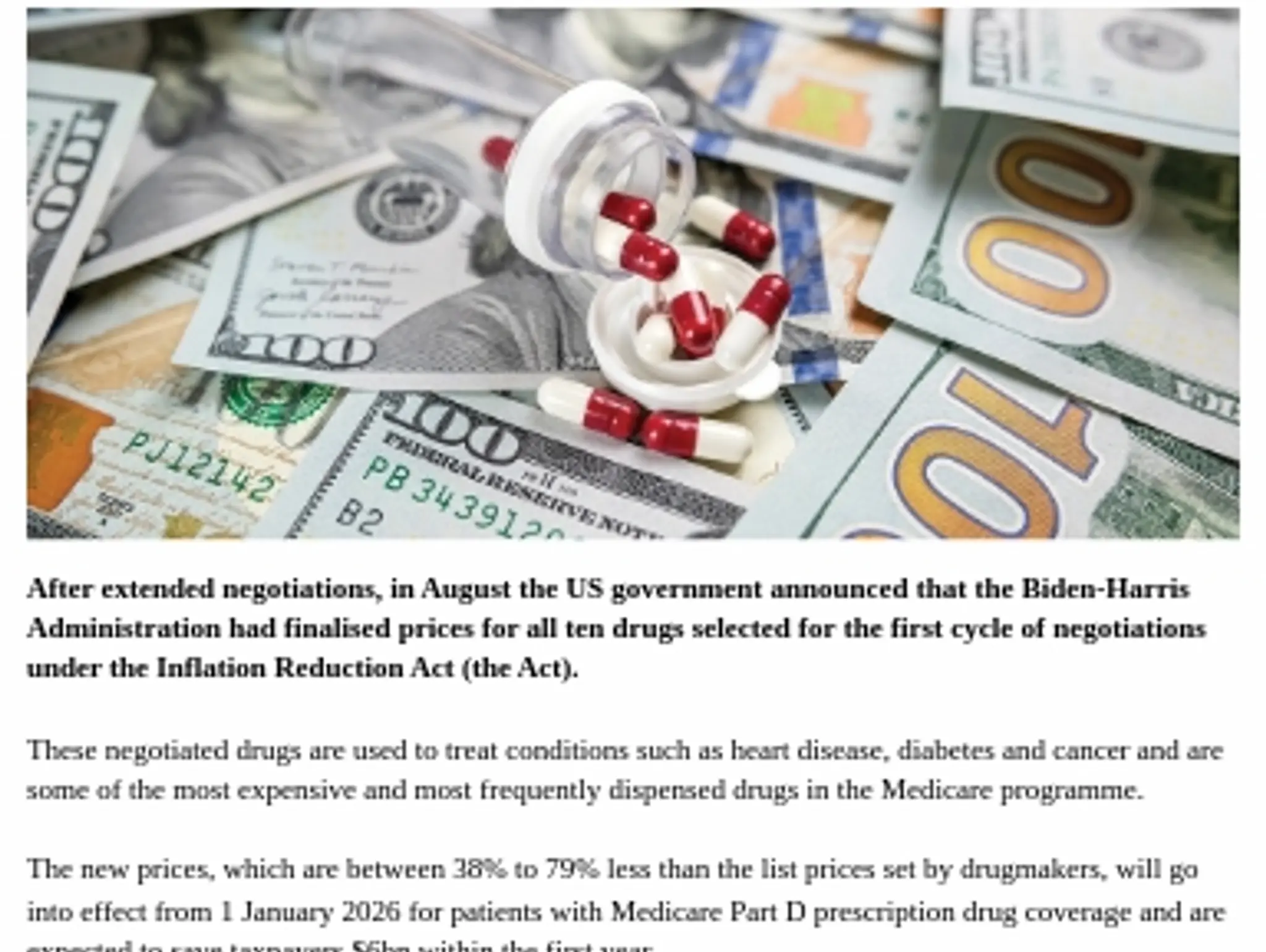 US INFLATION REDUCTION ACT - US government finalises first ten drug prices under Inflation