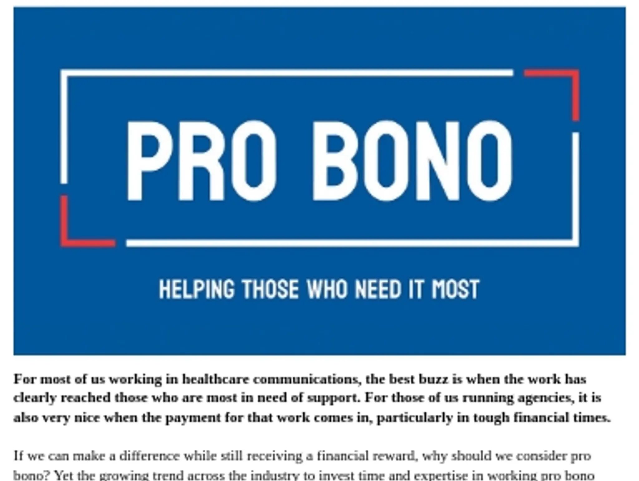 HEALTHCARE - HEALTH EQUITY: PRO BONO WORK IN PHARMA