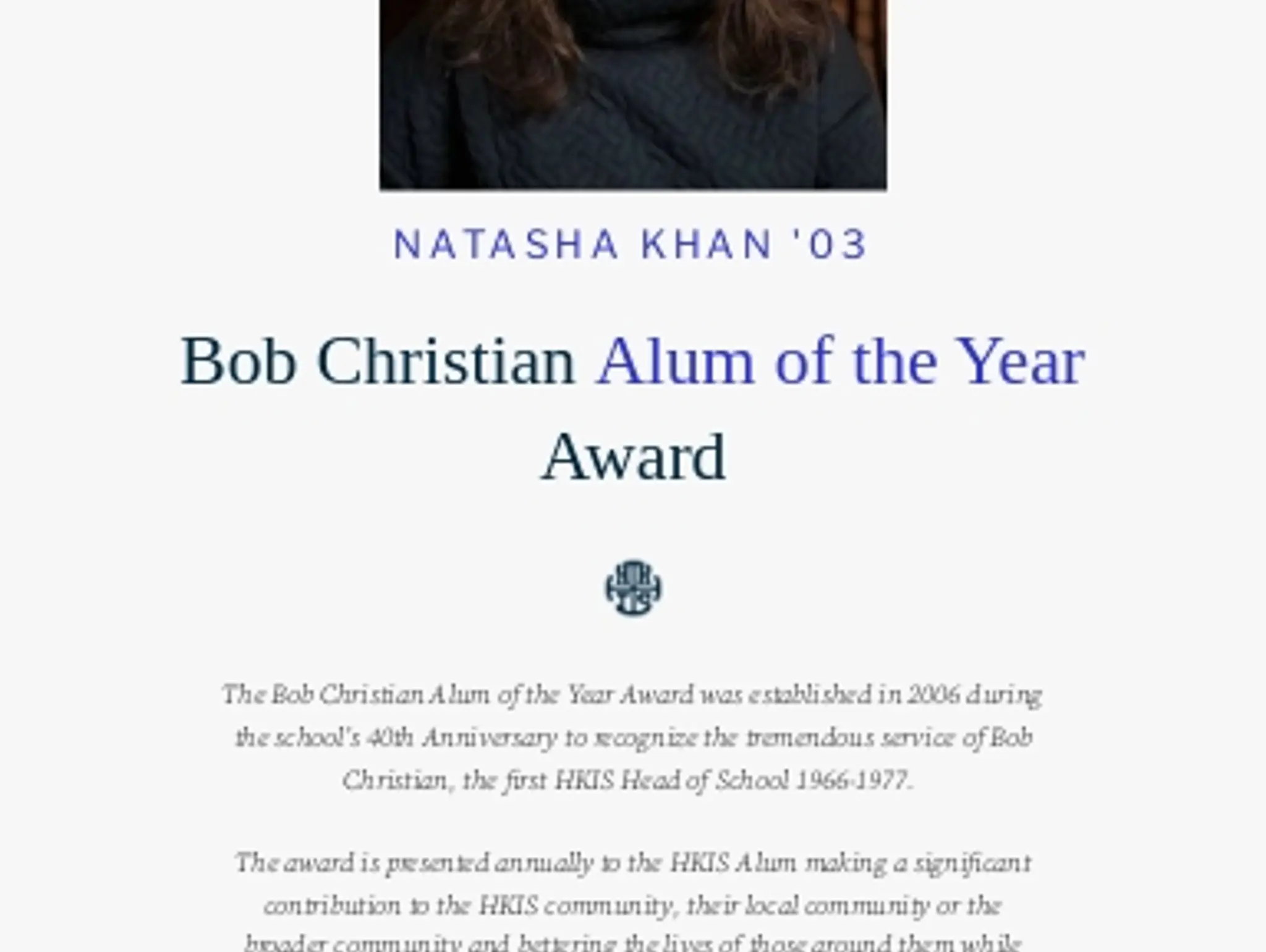 Bob Christian Alum of the Year Award: Natasha Khan '03