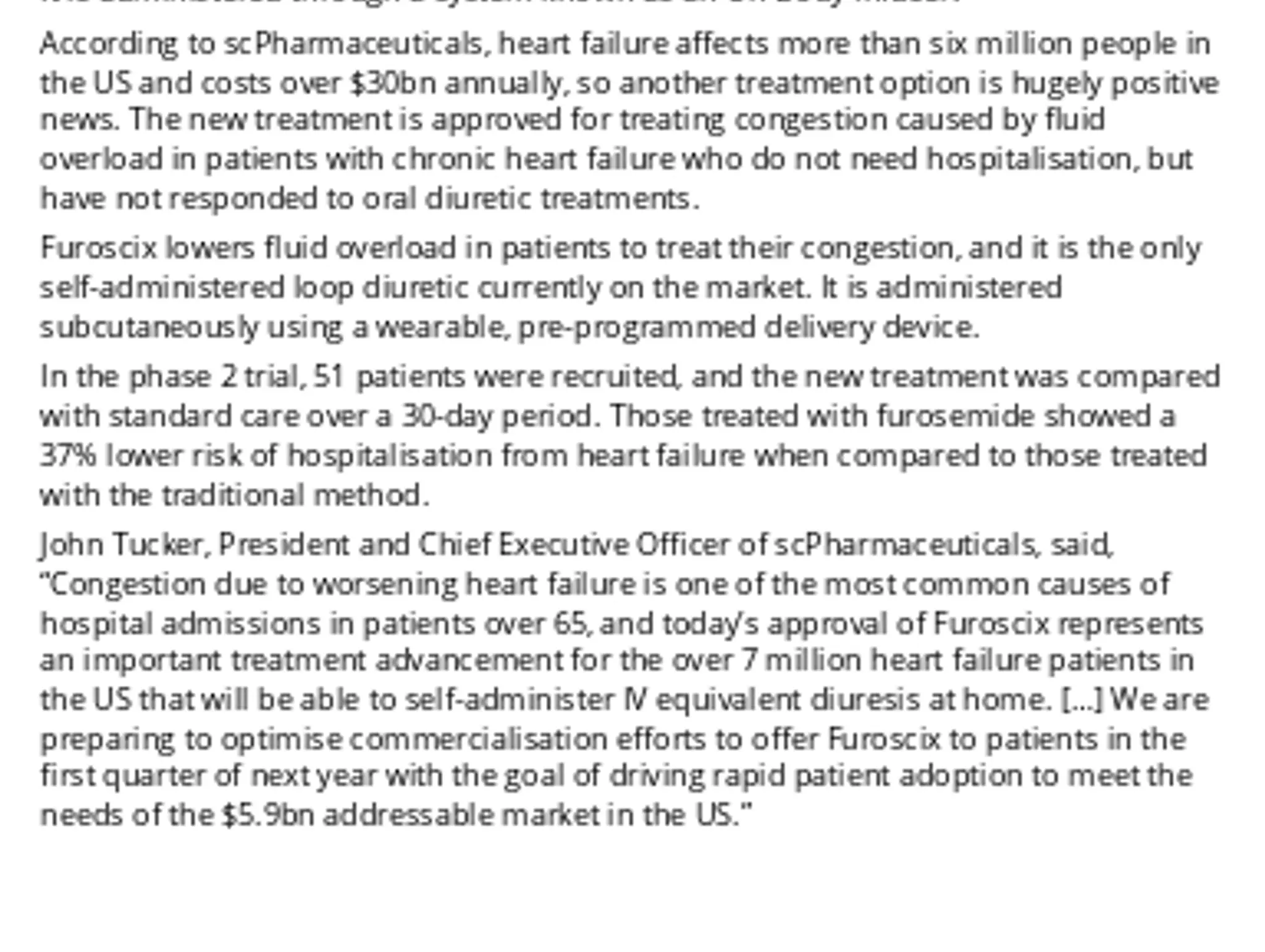 Furosemide approved by FDA for patients with chronic heart failure