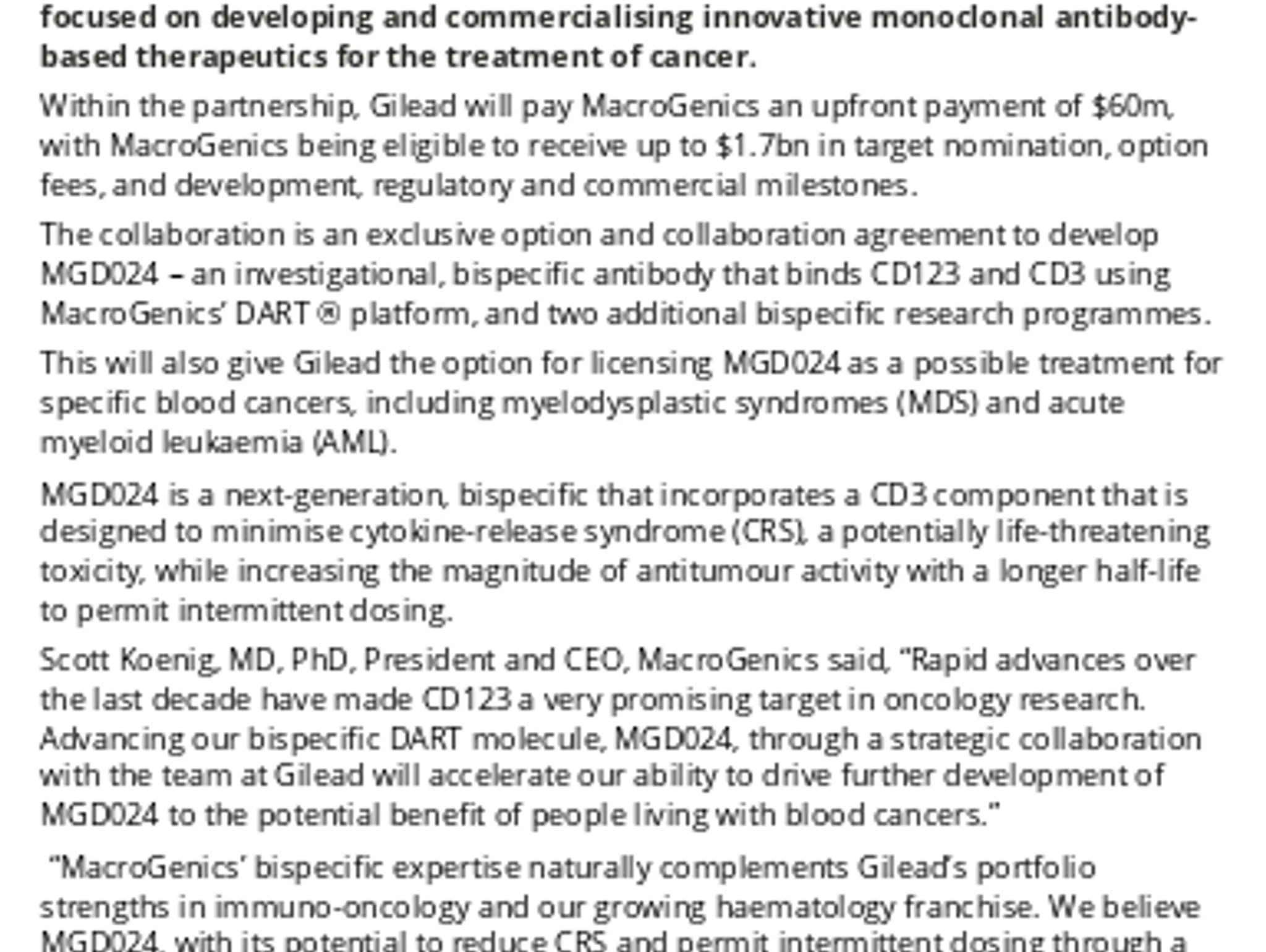 Gilead and MacroGenics partner for bispecific antibody development