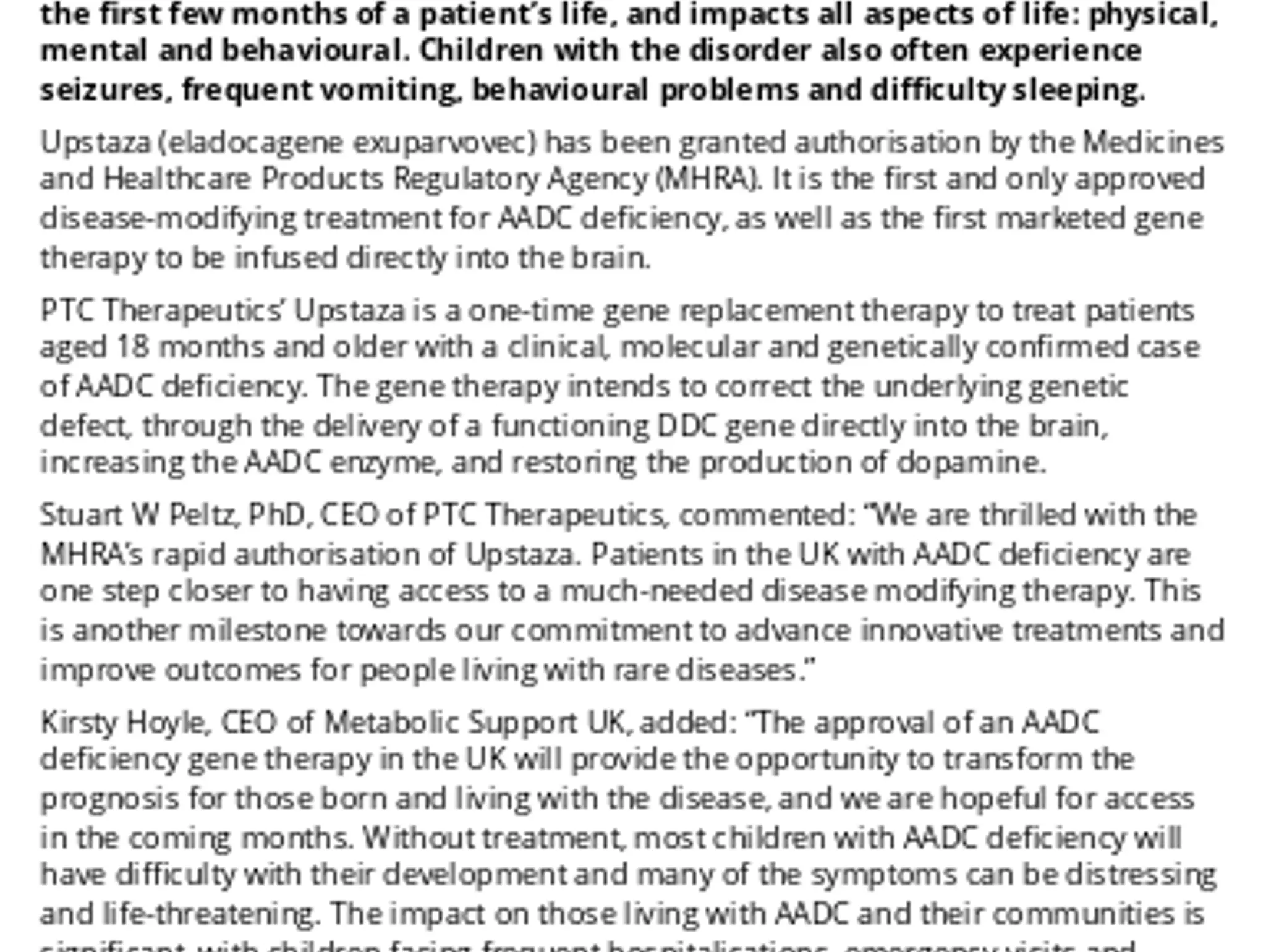 Upstaza Given Marketing Authorisation For AADC Deficiency By MHRA