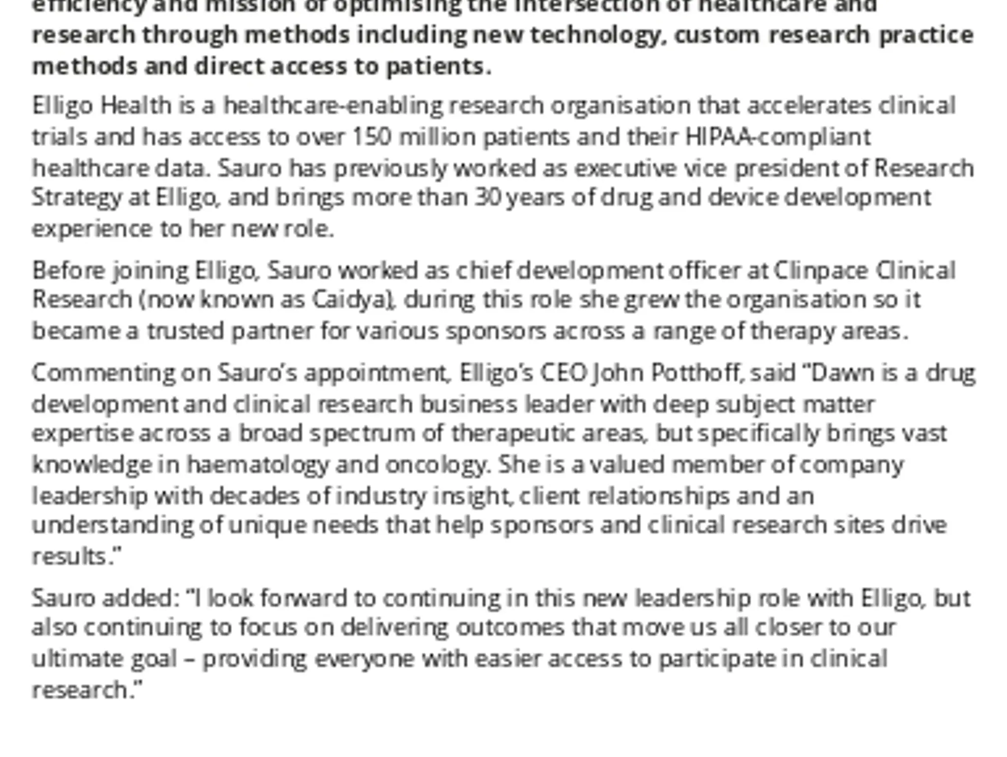 Dawn Sauro Appointed To Chief Operating Officer At Elligo Health