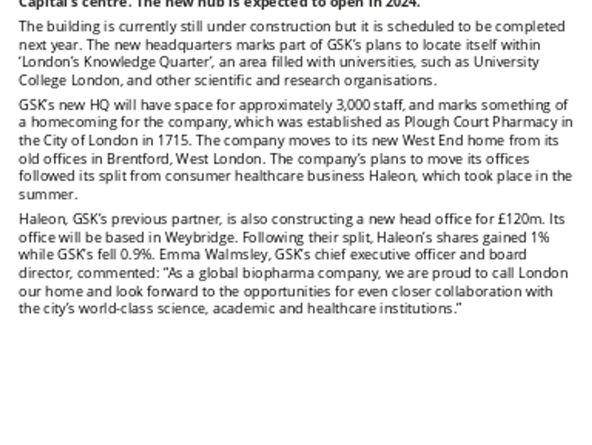 Gsk Chooses London’s West End For New Headquarters