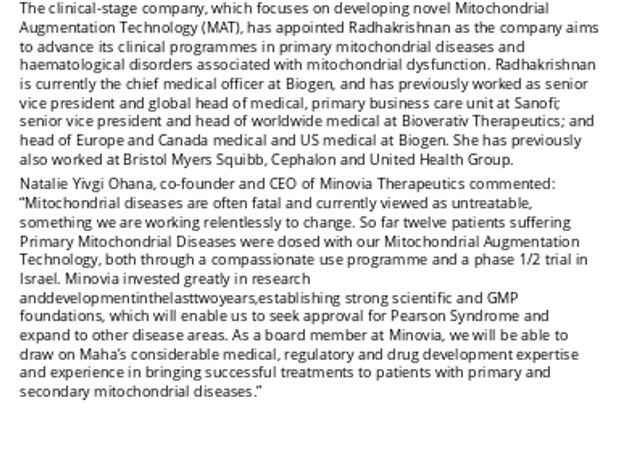 Maha Radhakrishnan Appointed As Minovia Therapeutics’ Board Member