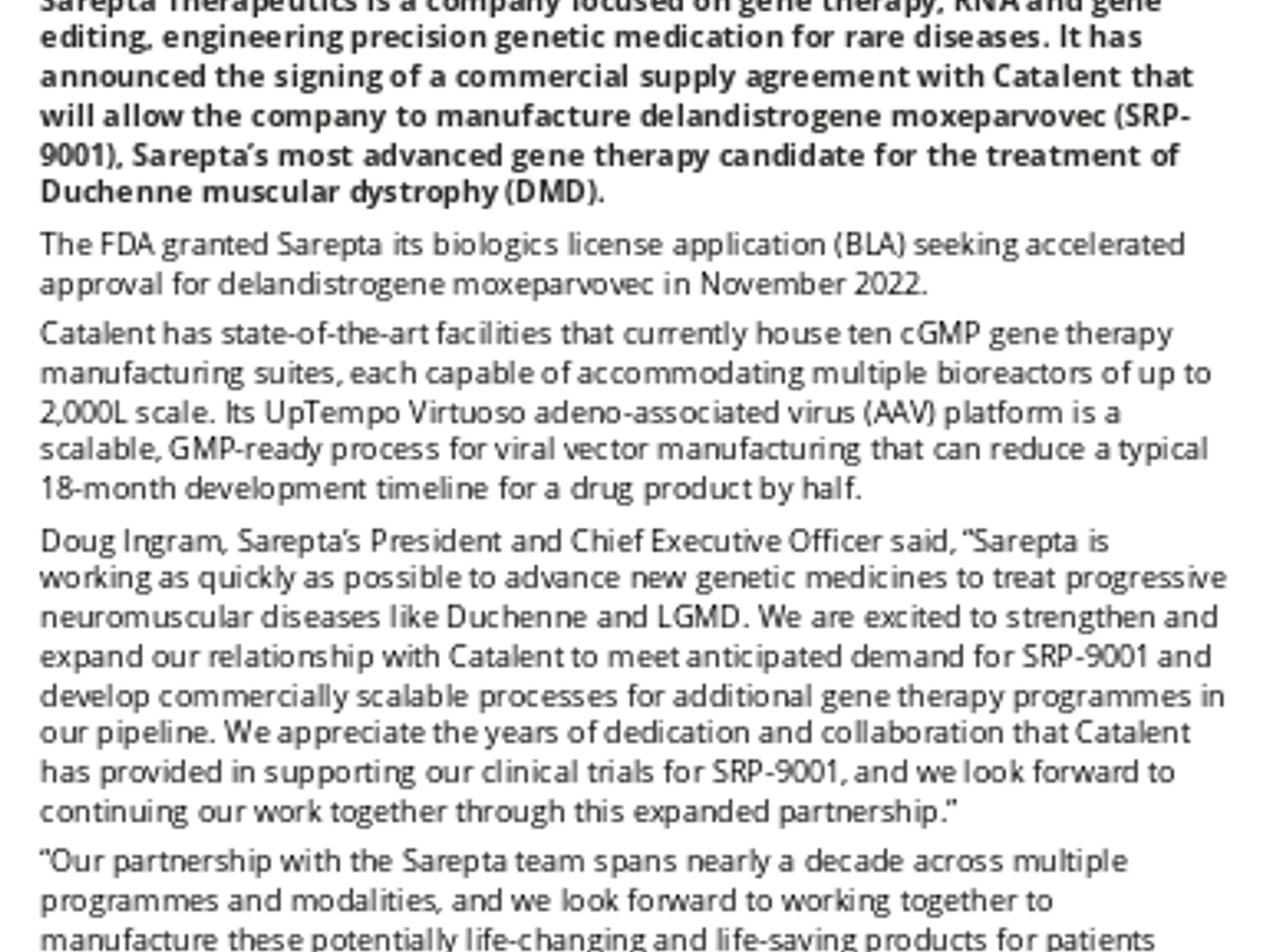 Sarepta Therapeutics And Catalent Sign Manufacturing Deal For Dmd Gene Therapy Approval