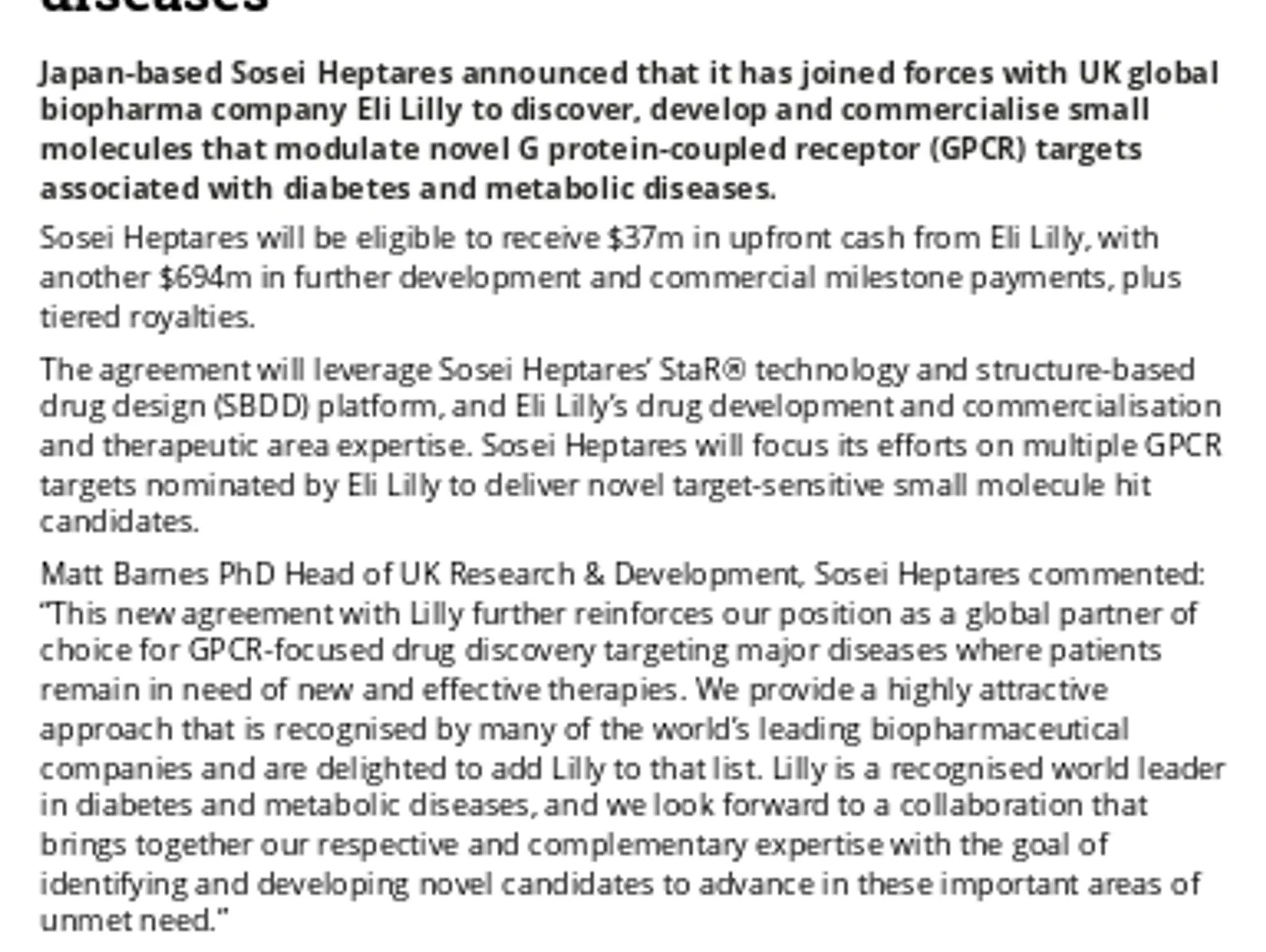 Lilly & Sosei Enter MultiTarget Collaboration & Licence Agreement For Diabetes & Metabolic Diseases