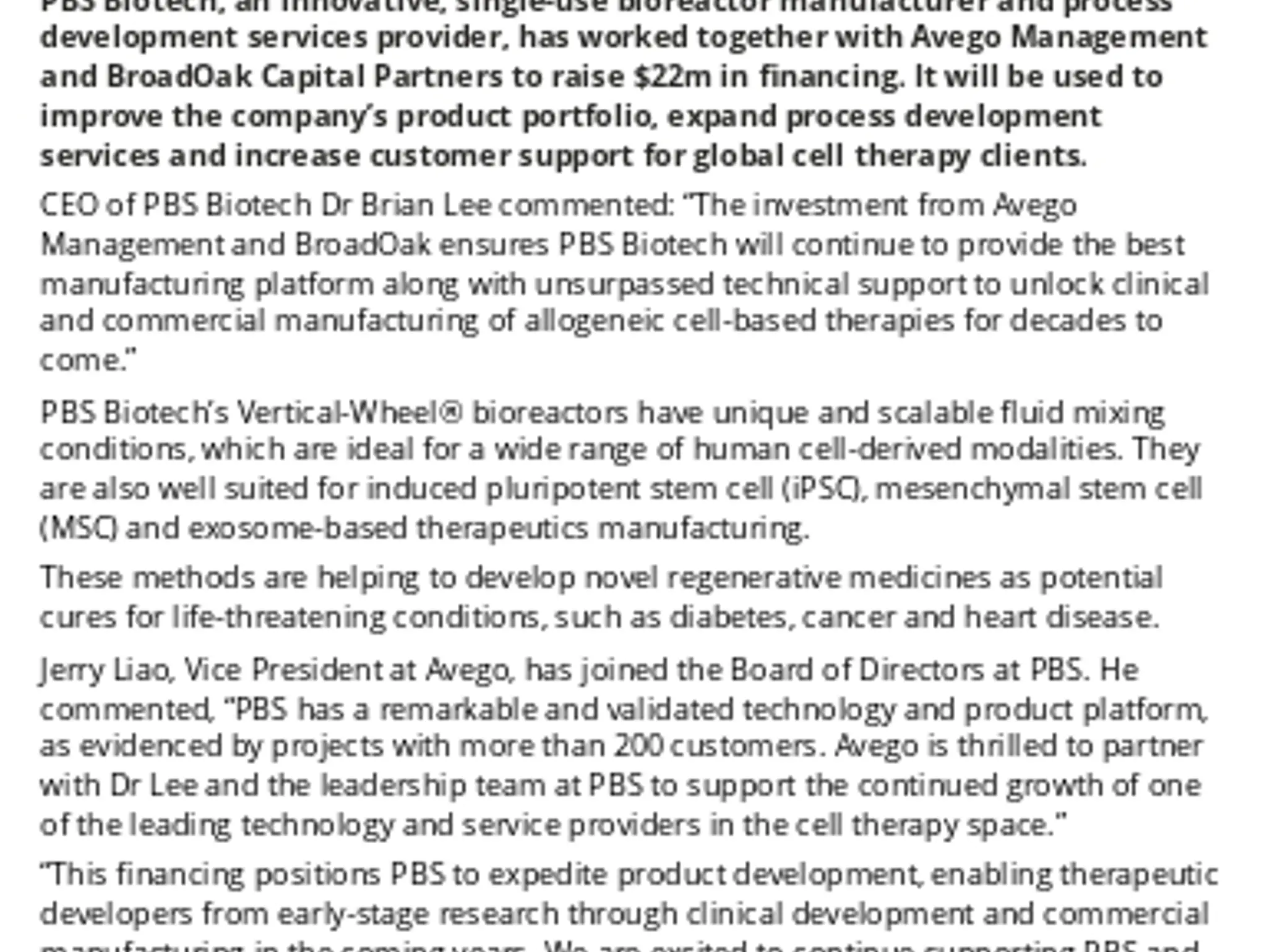 PBS Biotech raisies $22m To Expand Single-use Manufacturing Products & Services For Cell Therapies