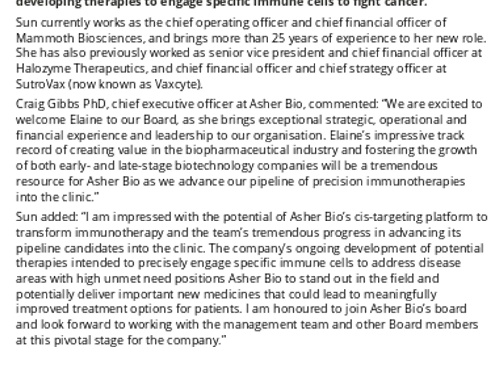 Elaine Sun Appointed To The Board Of Directors At Asher Bio