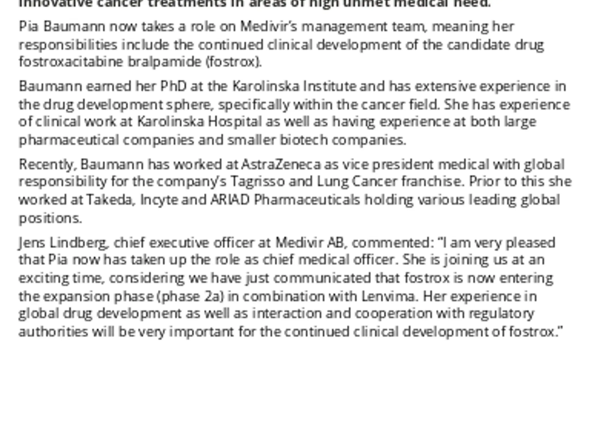 Medivir Ab Appoints Pia Baumann As Chief Medical Officer