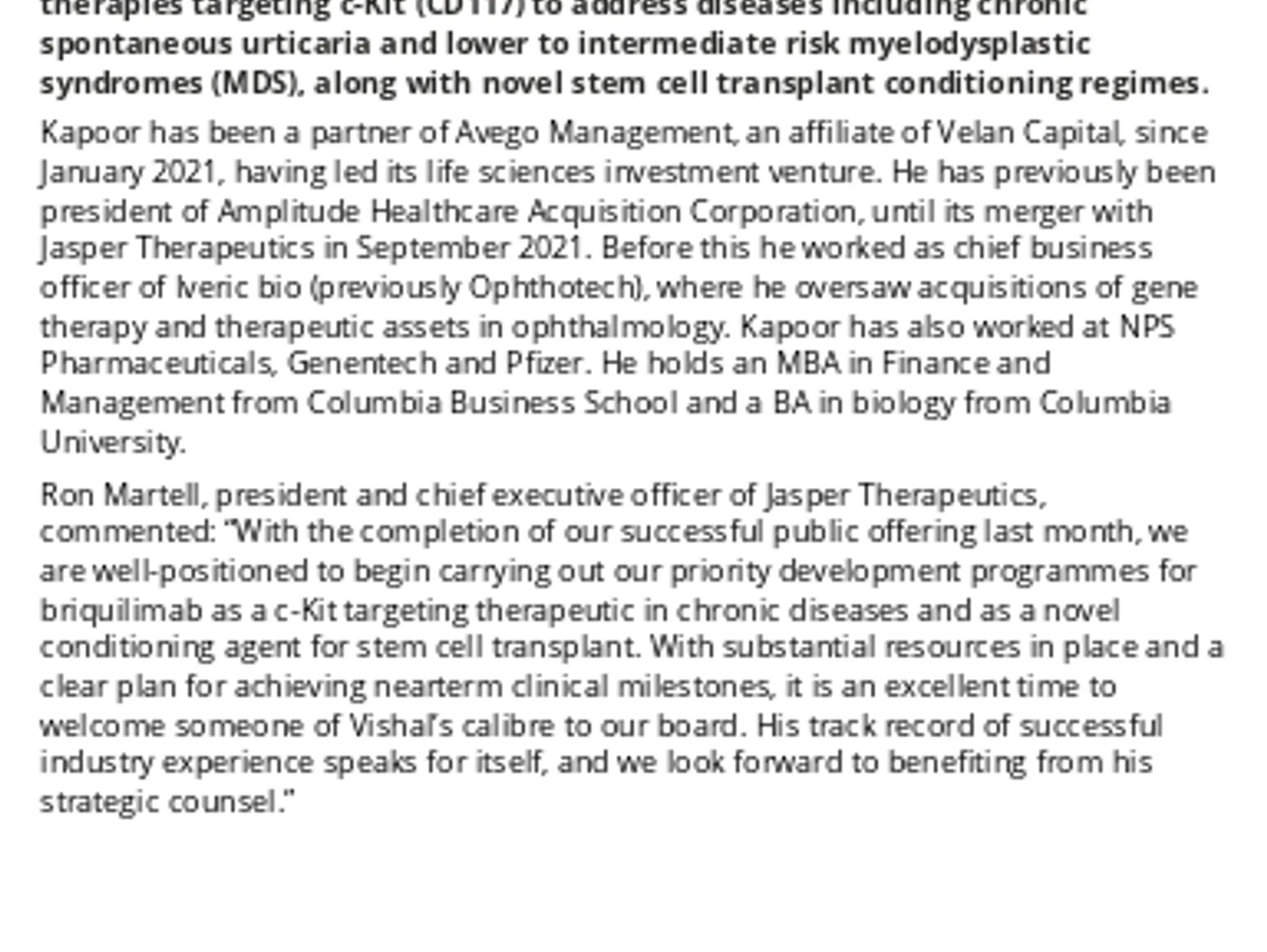 Vishal Kapoor Appointed To Jasper Therapeutics’ Board Of Directors