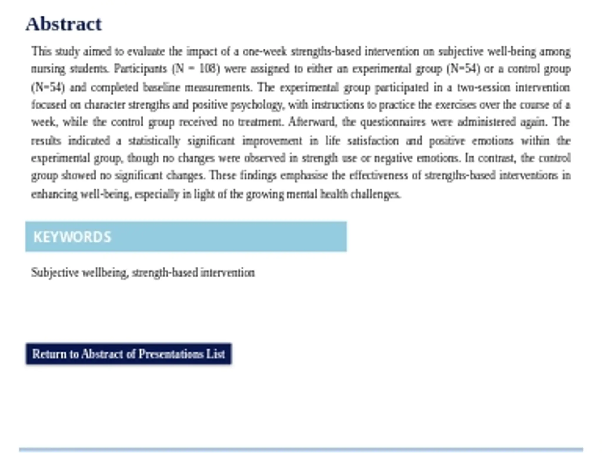 Brief Strengths-based Intervention for Increasing Subjective Wellbeing Among Nursing Students