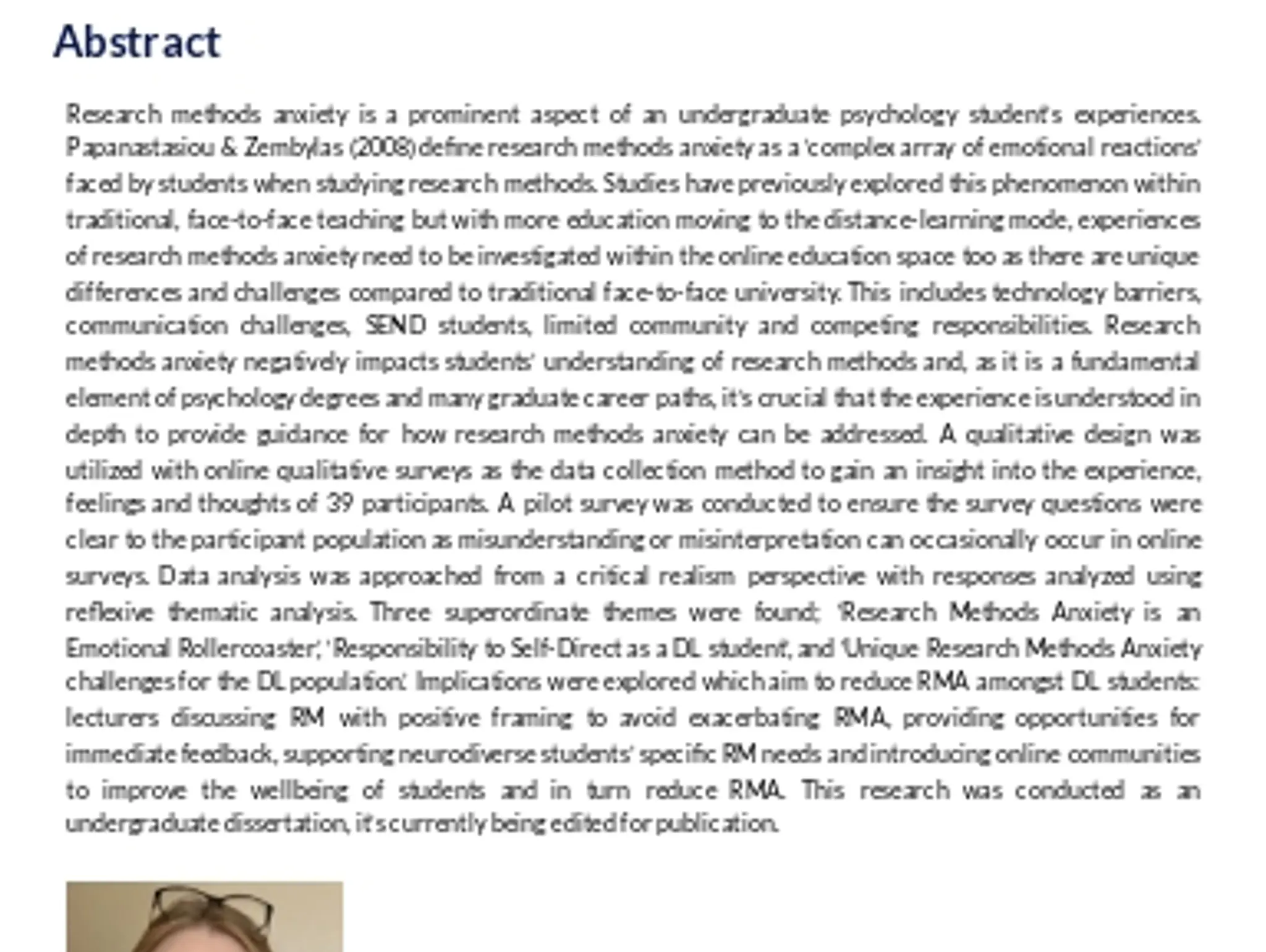 Research Methods Anxiety in Distance Learning Undergraduate Psychology Students