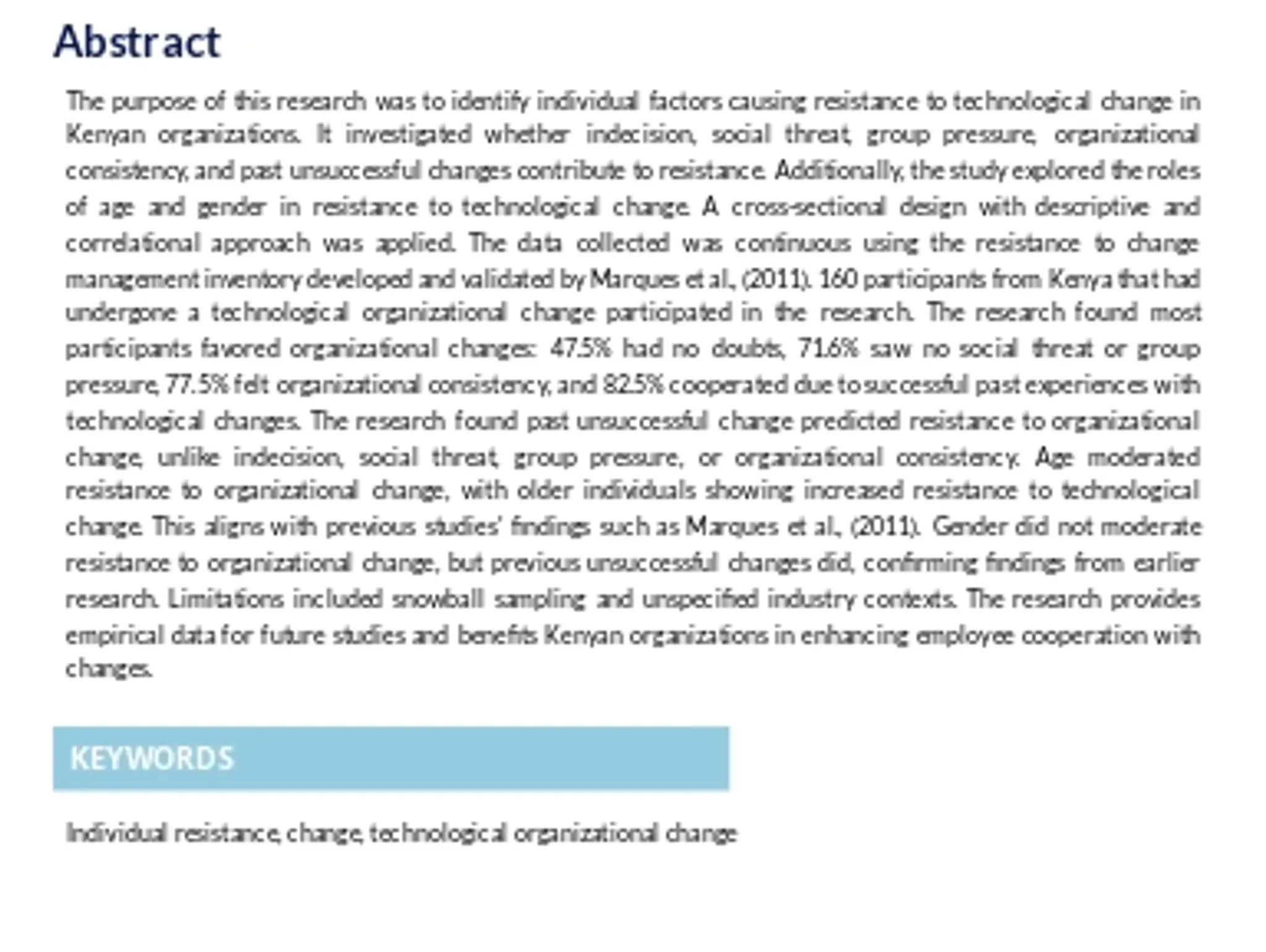 Individual Resistance to Change in a Technological Organizational Change in Kenya with Age and...