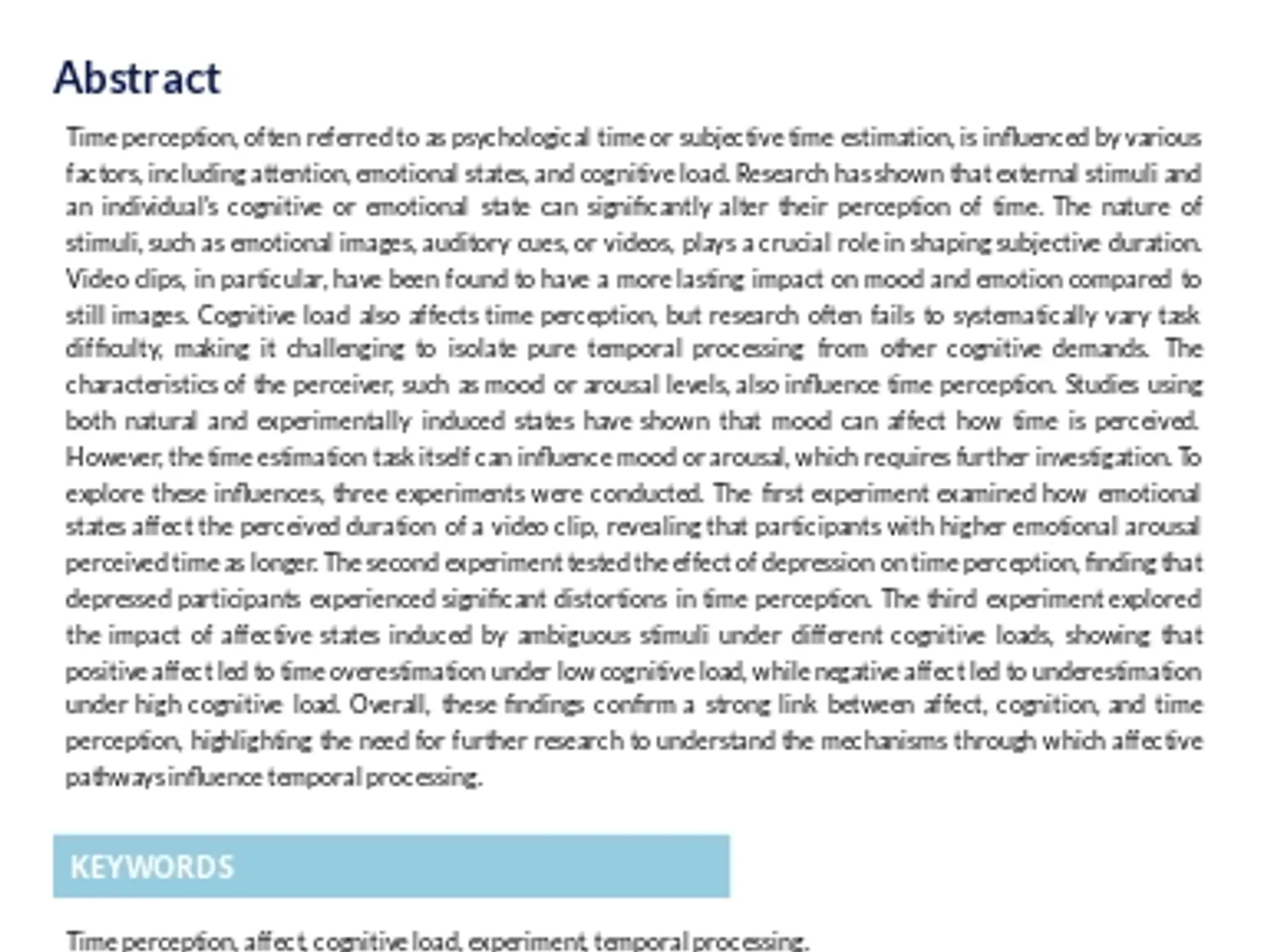 Influence of Stimulus Properties, Perceiver’s Emotional States, and Cognitive Load on Time...