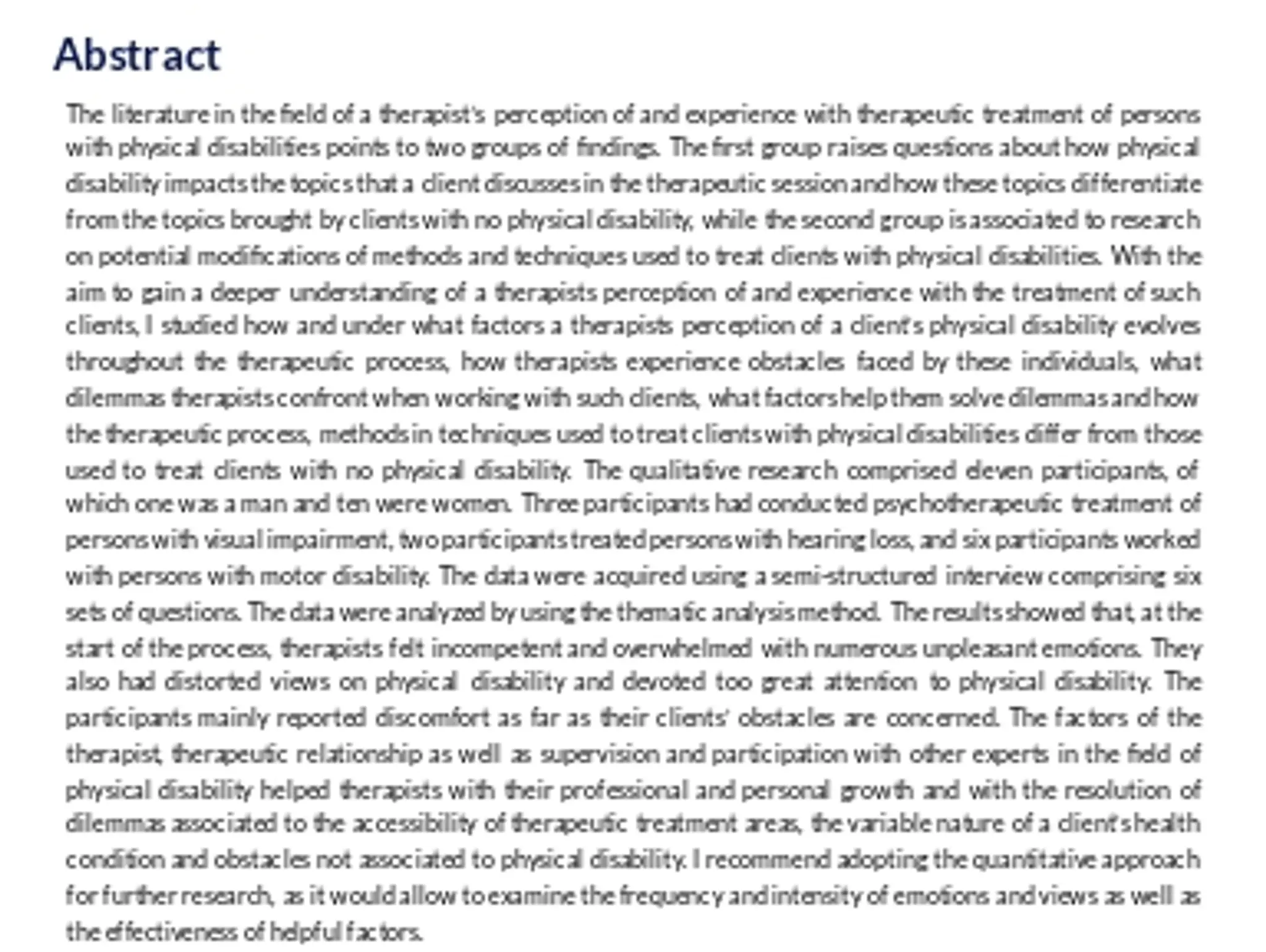 Psychotherapy With People with a Physical disability: Psychotherapists Perception and Experiences