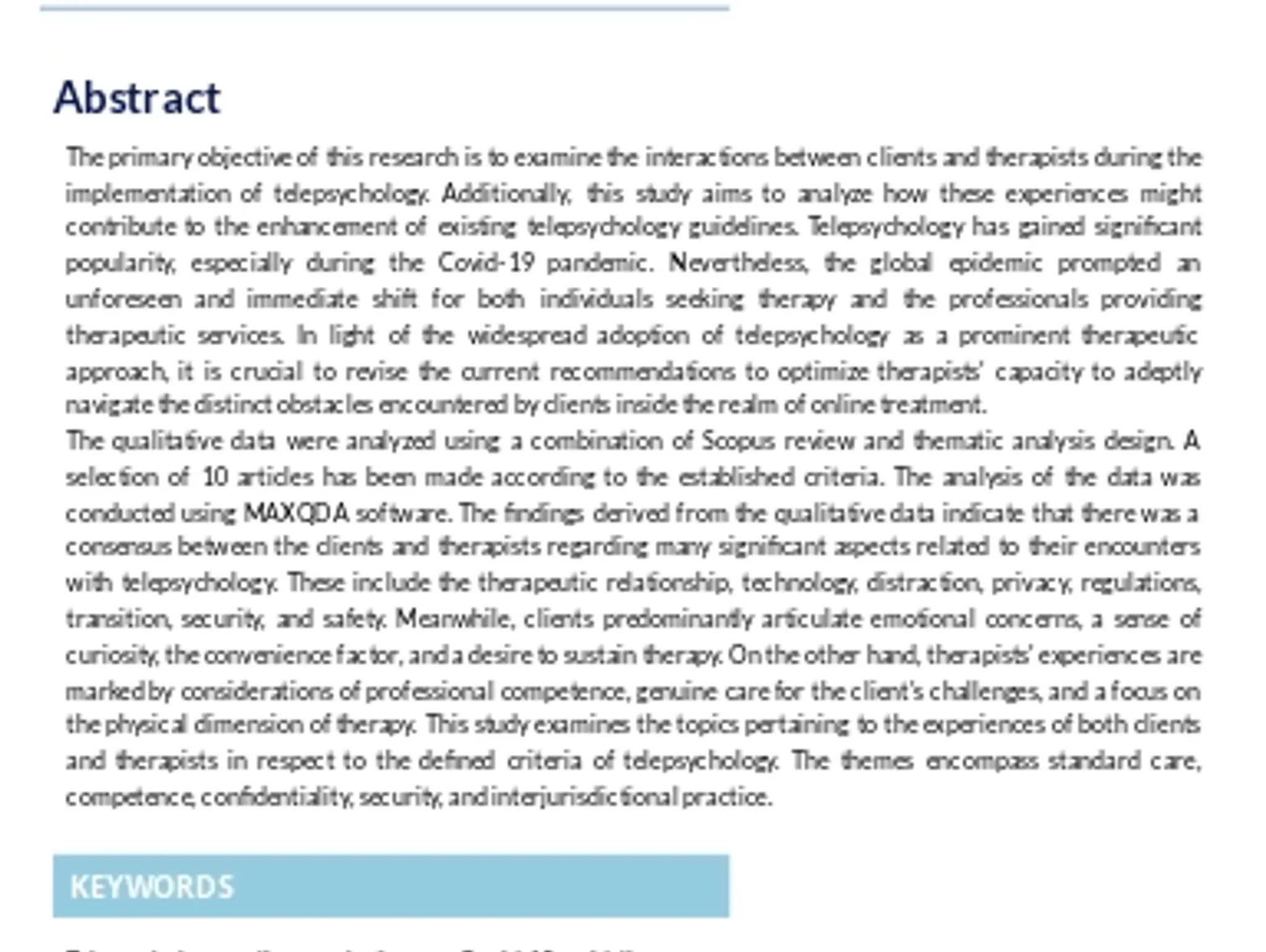 A Scoping Review and Thematic Analysis of Clients and Therapists Experiences to Telepsychology...