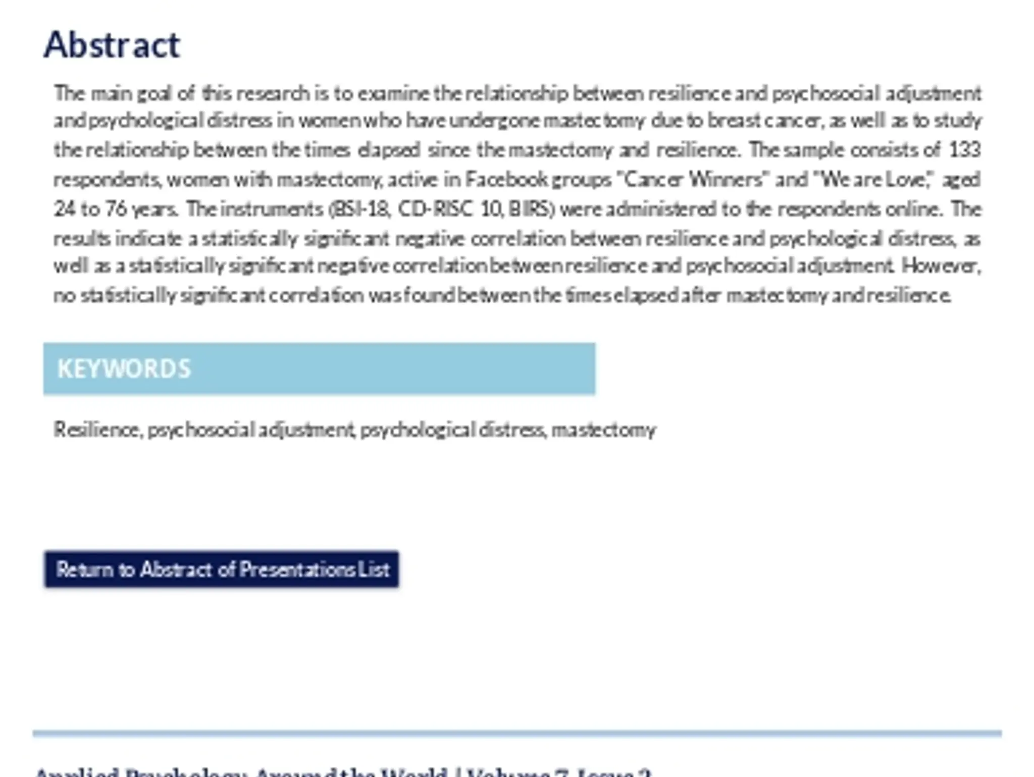 Resilience, Psychosocial Adjustment, and Psychological Distress in Women Who have Undergone...