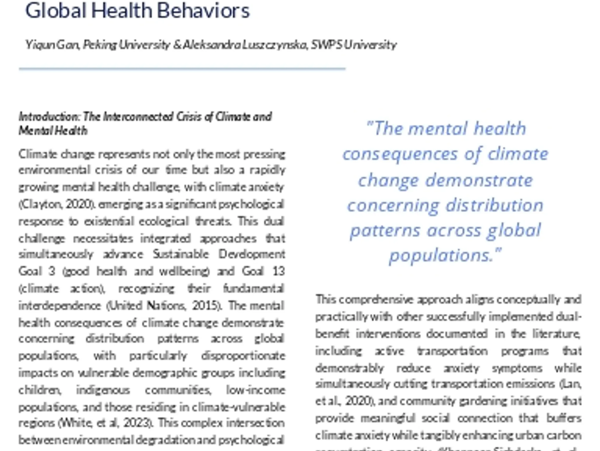 Climate Anxiety and Integrated Mental Health Support: Advancing Sustainable Development Goals through Global Health Behaviors