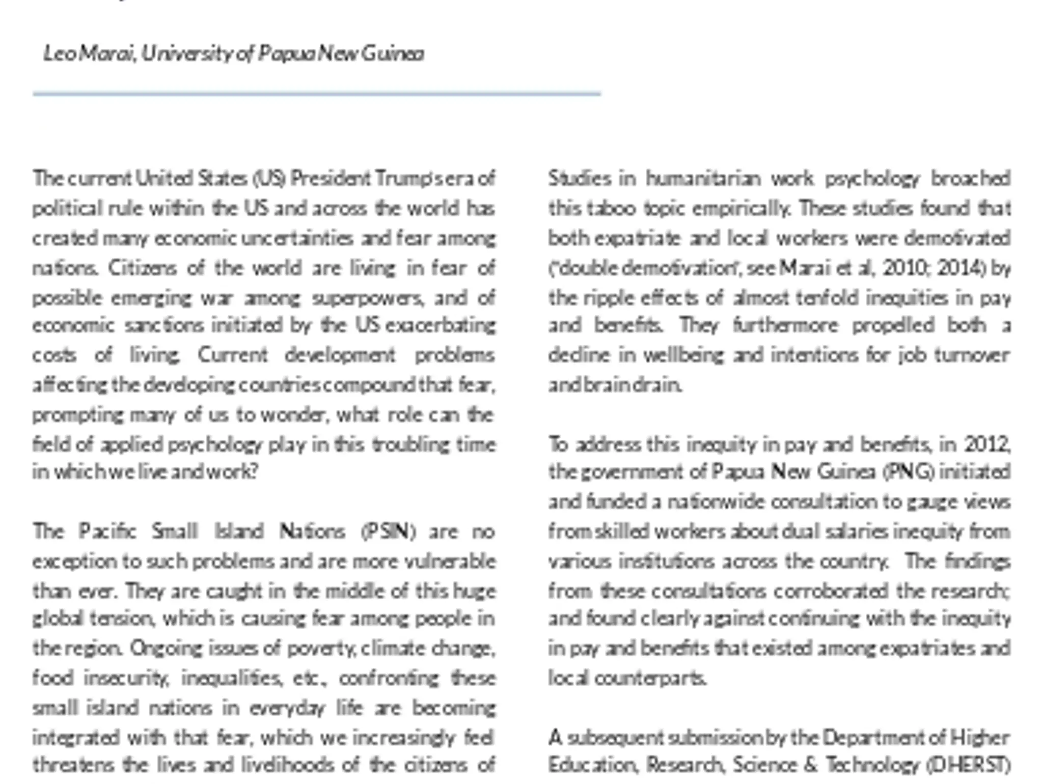 Applied Psychology for Humanitarian Work in Pacific Small Island Nations: Perspectives from Melanesia